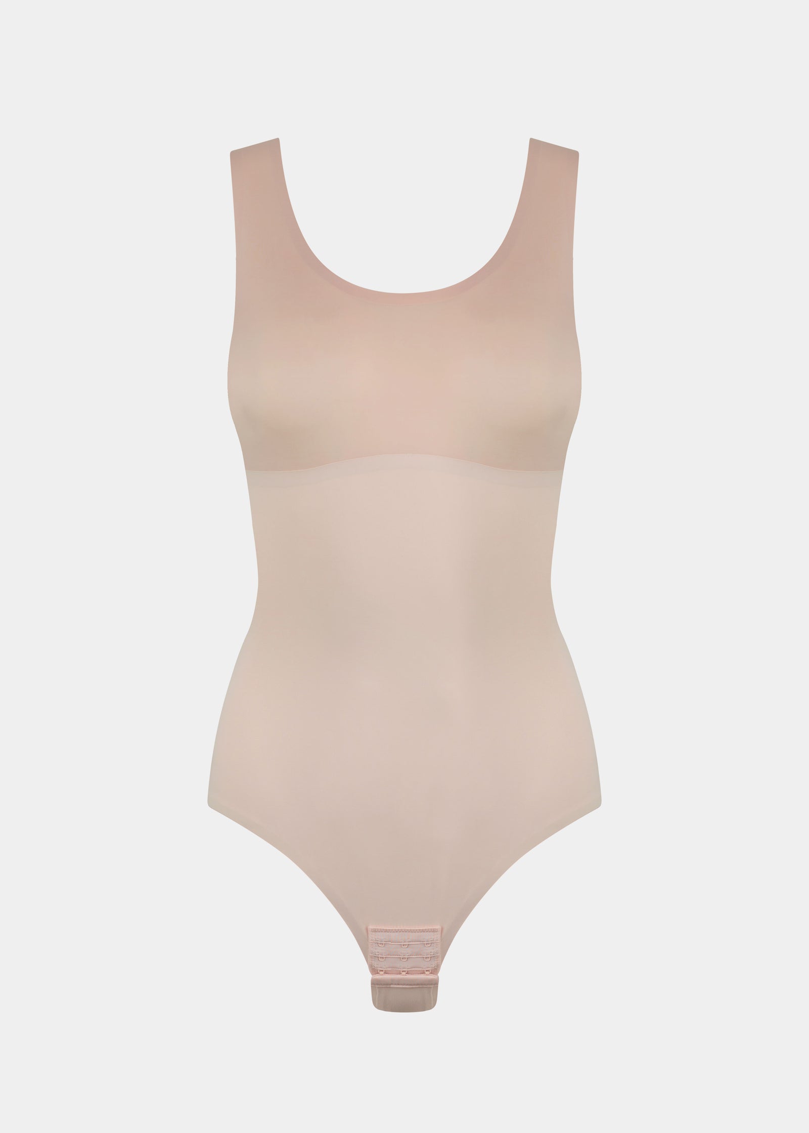 Still product image of Tone Your Body Briefer in cappuccino, sleek body-contouring briefer. Smooth powerful recycled fabric providing firm shaping for tummy, waist, and back, with seamless edges, free bust area, smooth shoulders, and hook closure visible.