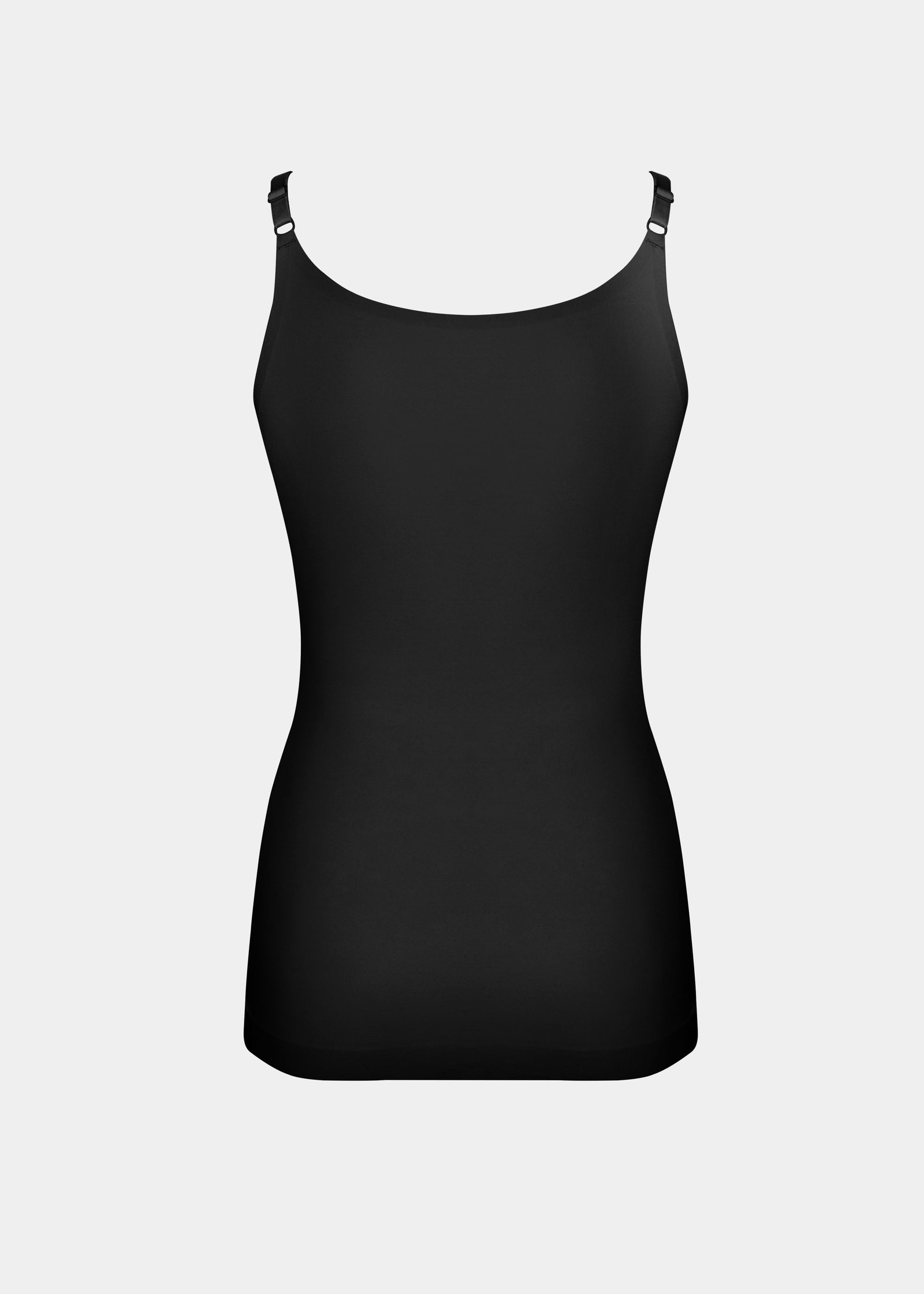 Still product image of Tone Your Body Cami in black shown from the back. Body-contouring sleek cami with smooth powerful recycled fabric, firm shaping for lower back and waist, seamless edges, and adjustable spaghetti straps visible.