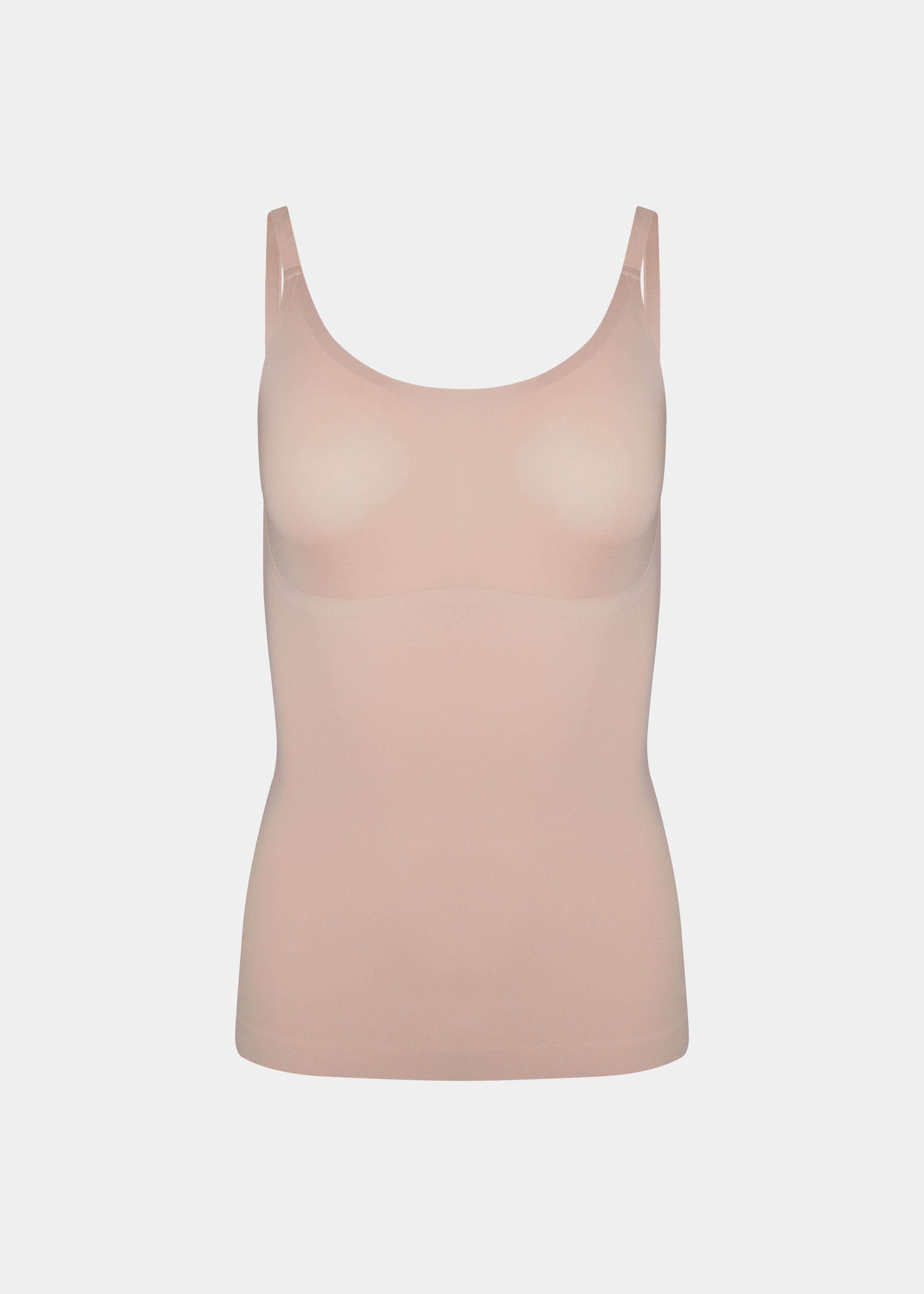 Still product image of Tone Your Body Cami in cappuccino, body-contouring sleek cami. Smooth powerful recycled fabric providing firm shaping for tummy, waist, and back, with seamless edges, no shaping at the bust, and adjustable spaghetti straps visible.