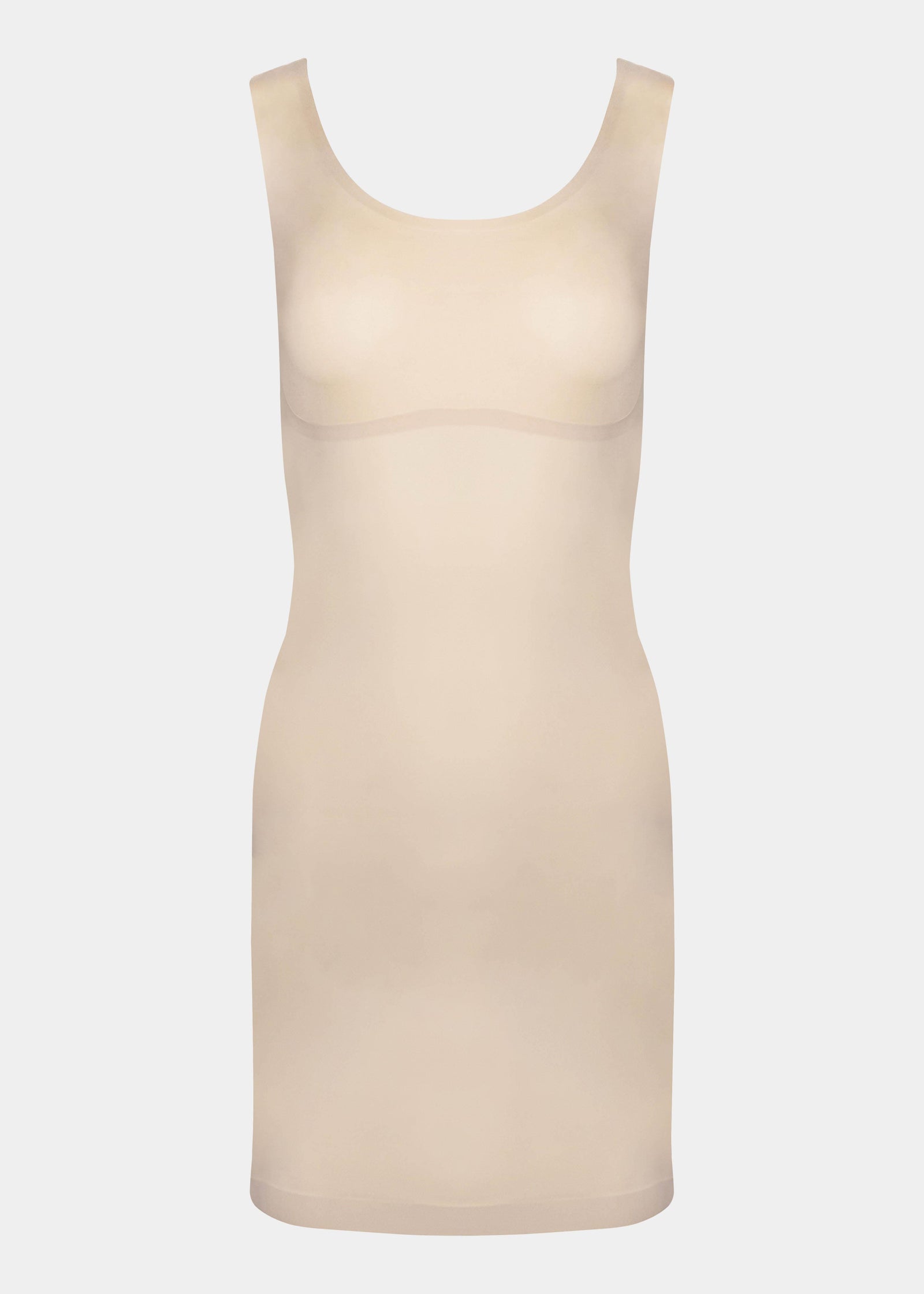 Still product image of Tone Your Body Dress in latte, body-contouring tank dress. Smooth powerful recycled fabric providing firm shaping for upper body, hips, and legs, with seamless edges, smooth shoulders, and silicone-lined leg openings visible.