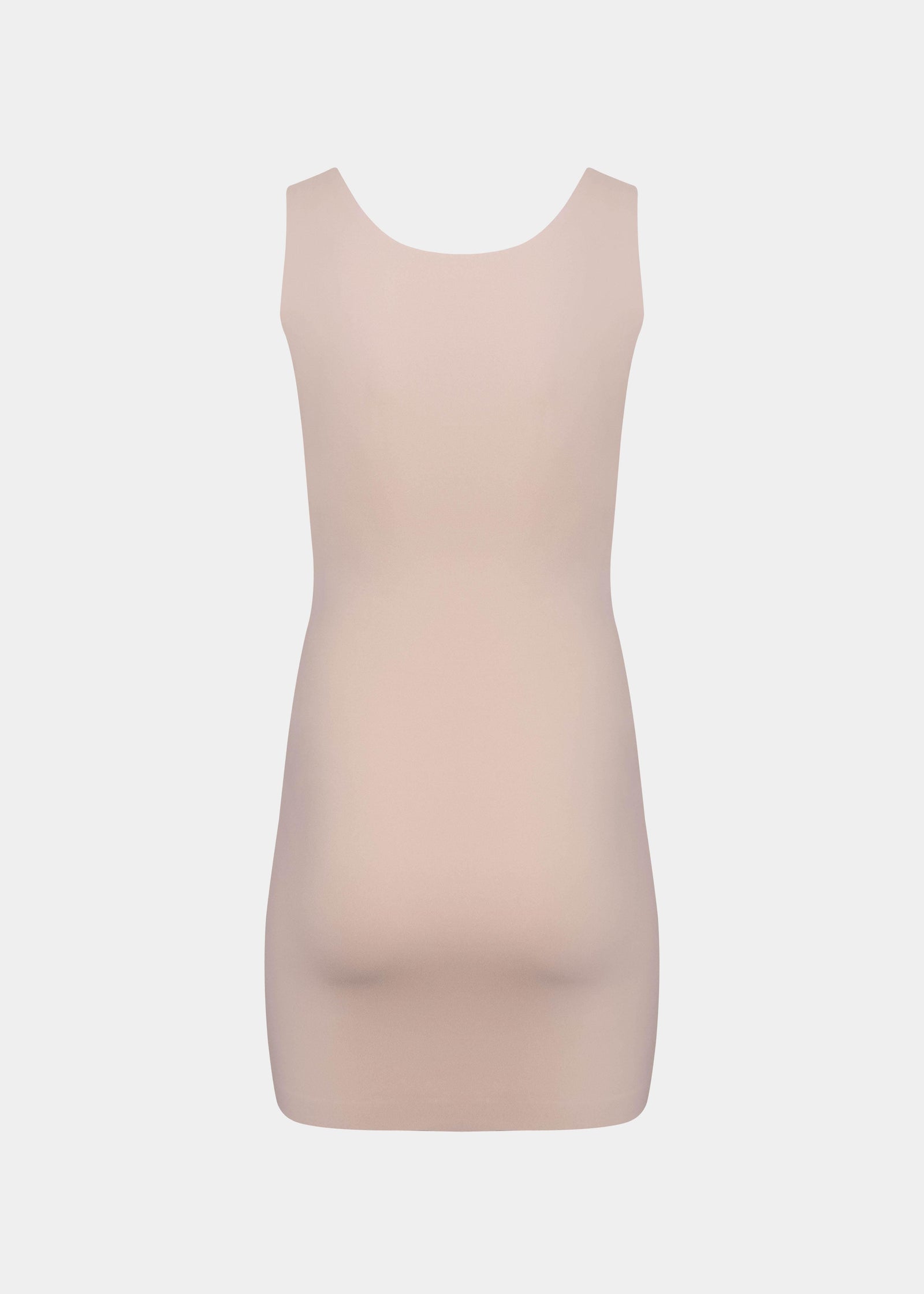 Still product image of Tone Your Body Dress in cappuccino shown from the back. Body-contouring tank dress with smooth powerful recycled fabric, firm shaping for back, hips, and legs, seamless edges, and silicone-lined leg openings visible.