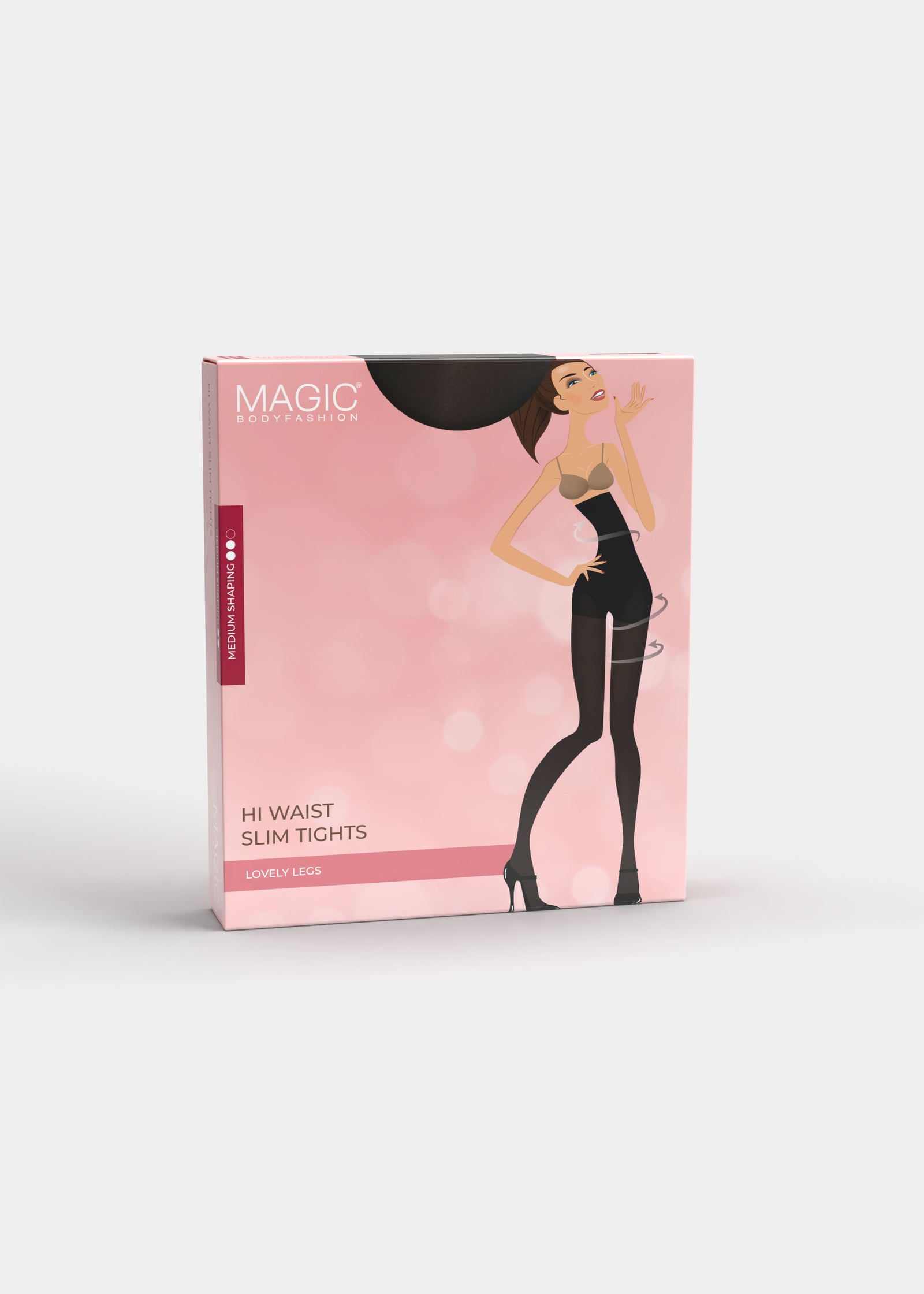 Still product image of Hi-Waist Slim Tights shown in front packaging box. Rectangular box displaying 140 denier high-waist shaping tights, with product image, color indication, and branding visible on the front panel.