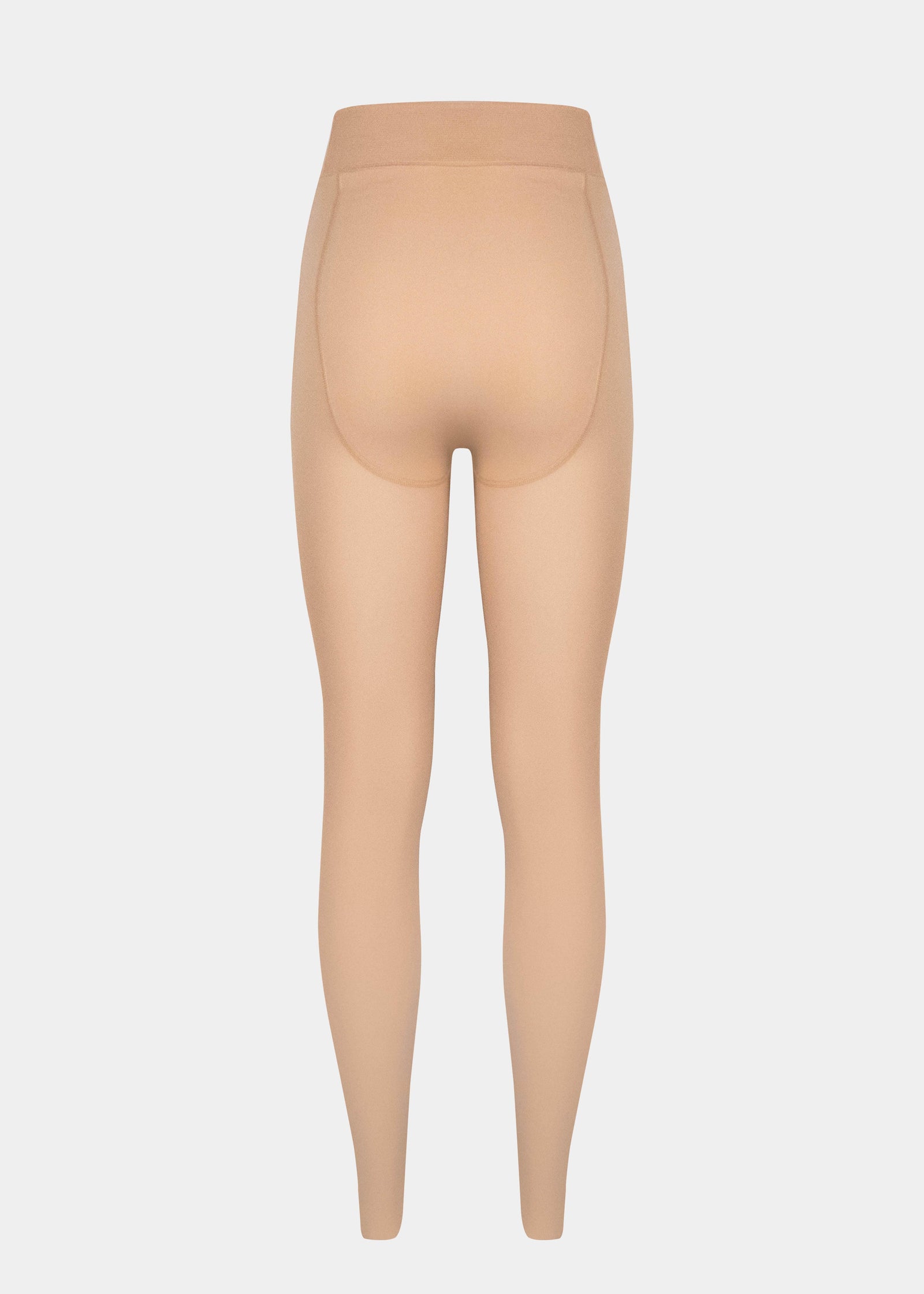 Still product image of MAGIC Tights in latte shown from the back. High-waist warm fleece-lined tights with smooth fabric providing medium shaping for lower back and waist, ladder-resistant finish, and sheer-look legs with unfleece foot section visible.
