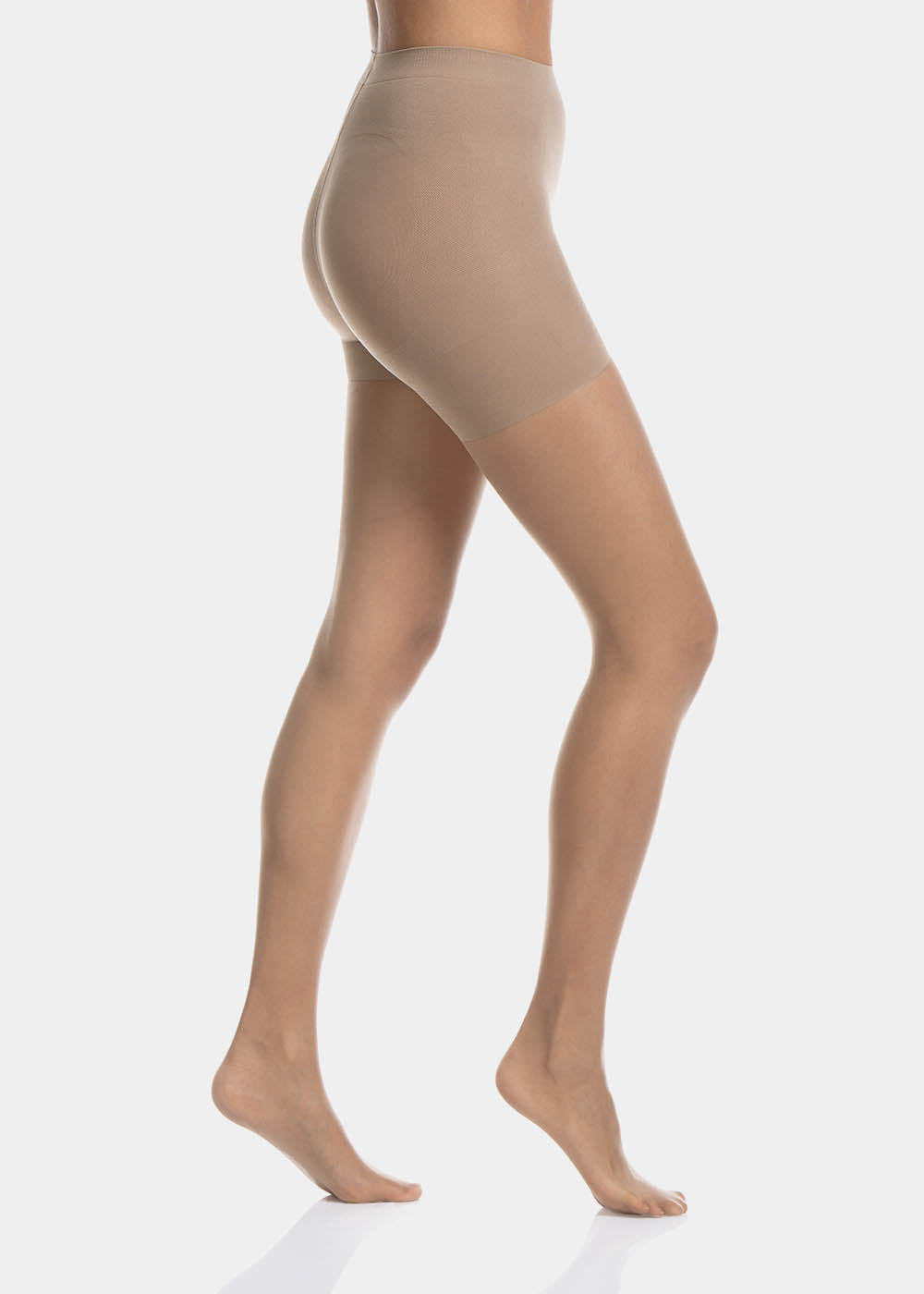 Side view of a model wearing Spectacular Legs in sunkissed, 20 denier shaping tights. Built-in firm shaping shorts providing control for tummy, hips, and upper legs, with subtle lift at the bottom and smooth sheer finish along the legs.
