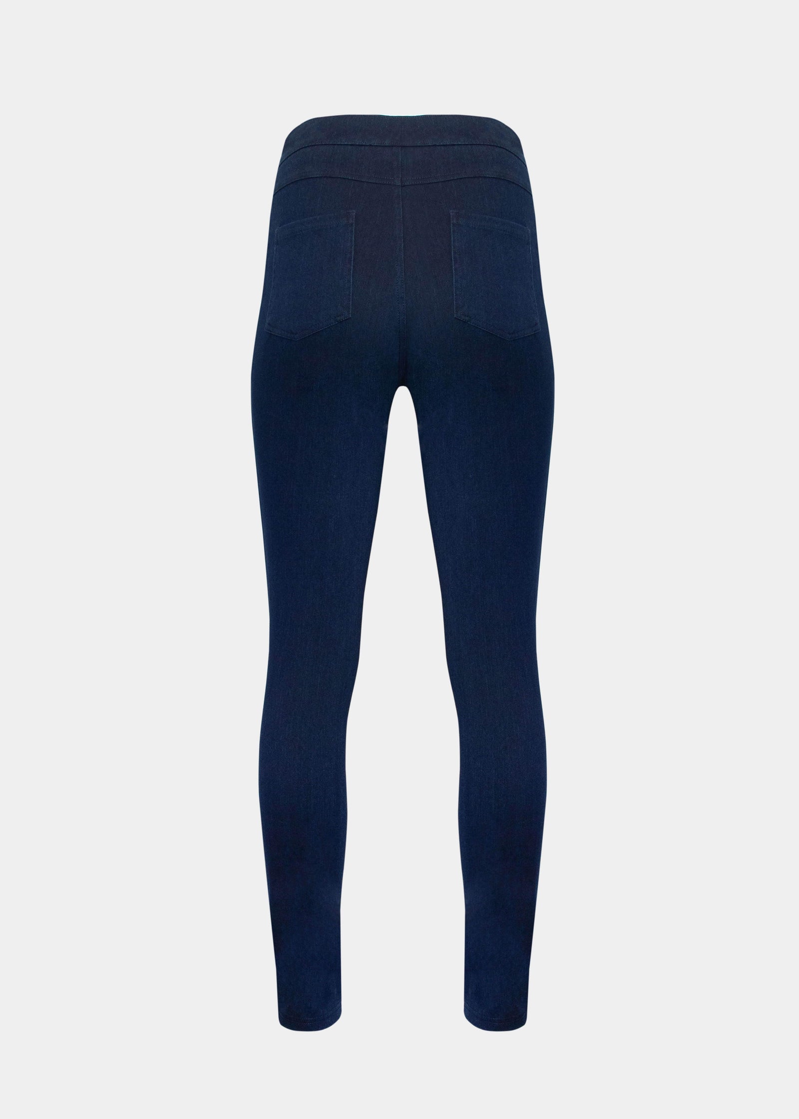 Still product image of Jegging in blue jeans shown from the back. High-waist skinny-fit leggings with built-in shaping briefs, soft stretchy fabric providing medium control for lower back and hips, lifted bottom zone, and functional back pockets visible.