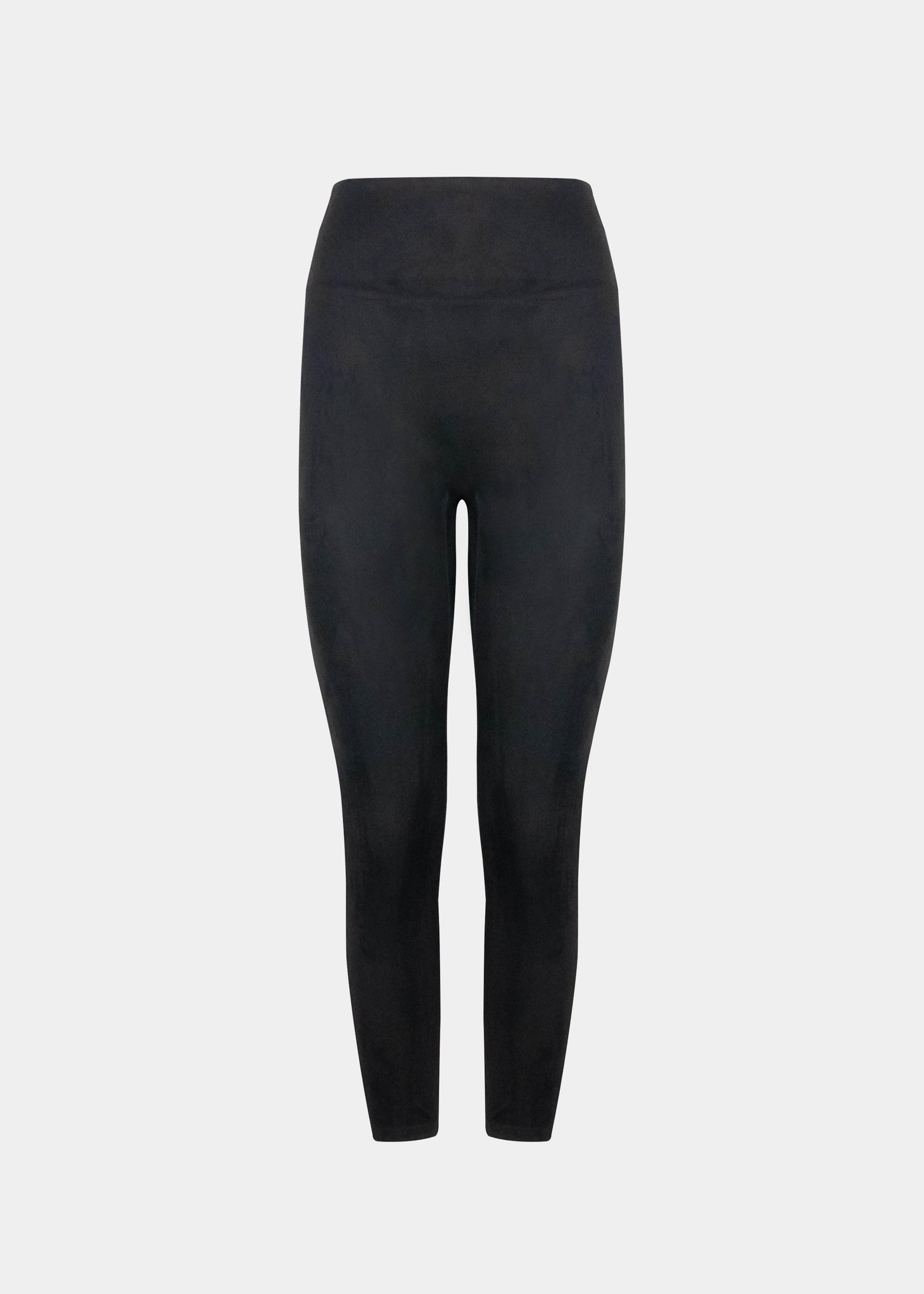 Still product image of Suedine Look Legging in black, high-rise leggings with built-in shaping briefs. Soft luxurious faux suede stretch fabric with medium shaping for tummy, hips, and back, showing seamless edges and smooth finish for invisible wear.