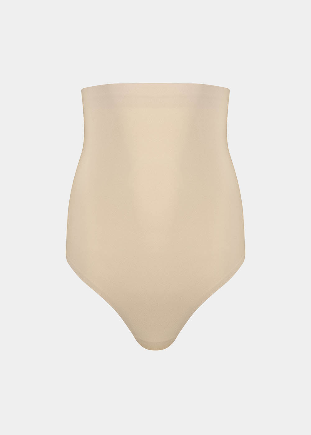 Still product image of Maxi Sexy Hi-Thong in latte, high-waist shaping thong. Smooth powerful fabric providing firm control for tummy, waist, and back, with seamless edges and silicone-trimmed waistband visible.