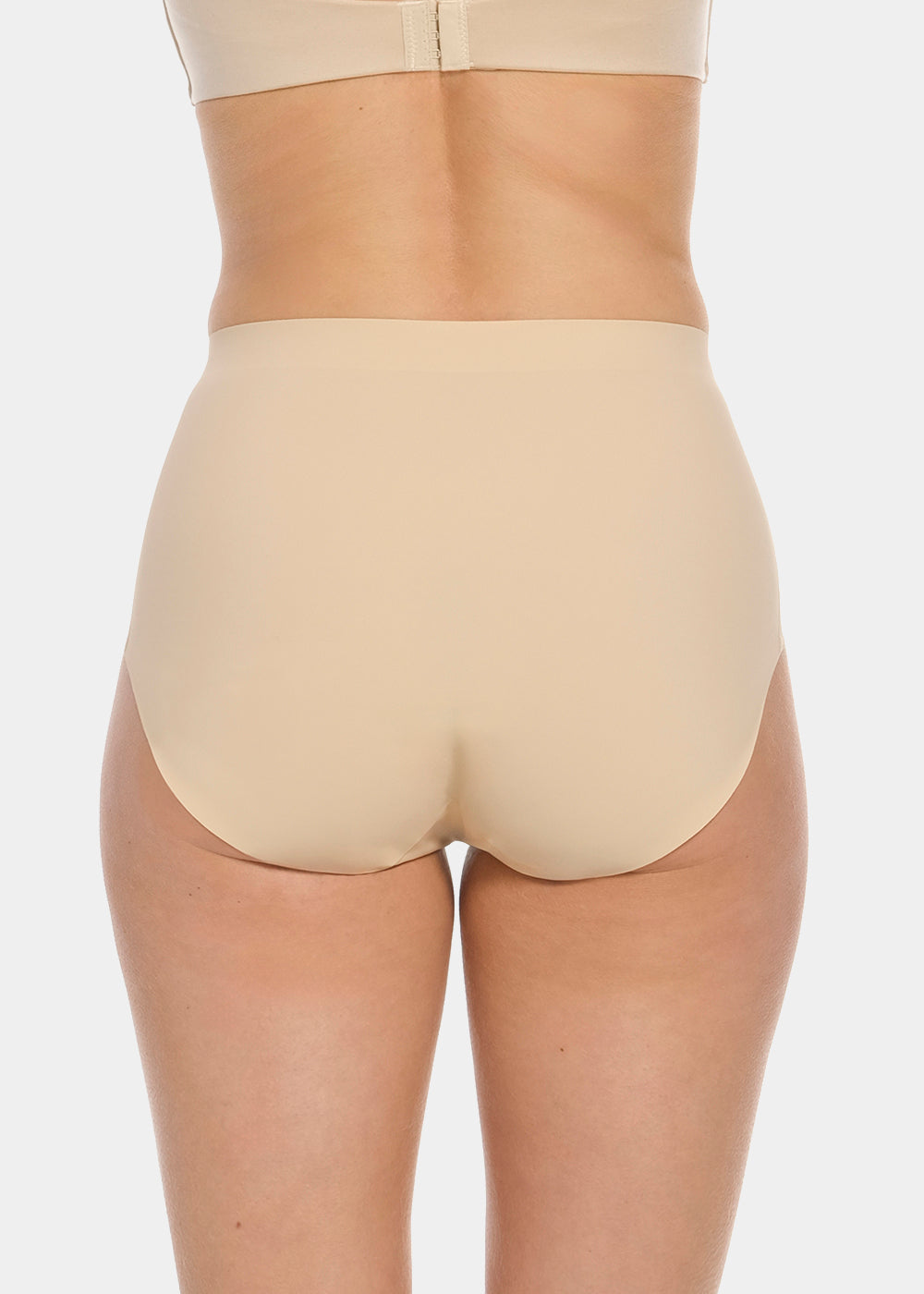 Back view of a model wearing Maxi Sexy Shaping Brief in latte, high-waist shaping brief. Smooth strong recycled fabric providing firm control for lower back and waist, with seamless edges for invisible wear.