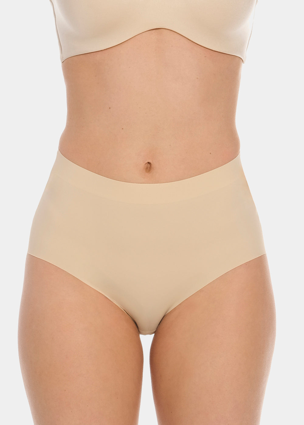 Front view close-up of a model wearing Maxi Sexy Shaping Brief in latte, high-waist shaping brief. Smooth strong recycled fabric providing firm control for tummy and waist, with seamless edges and midsection details visible.