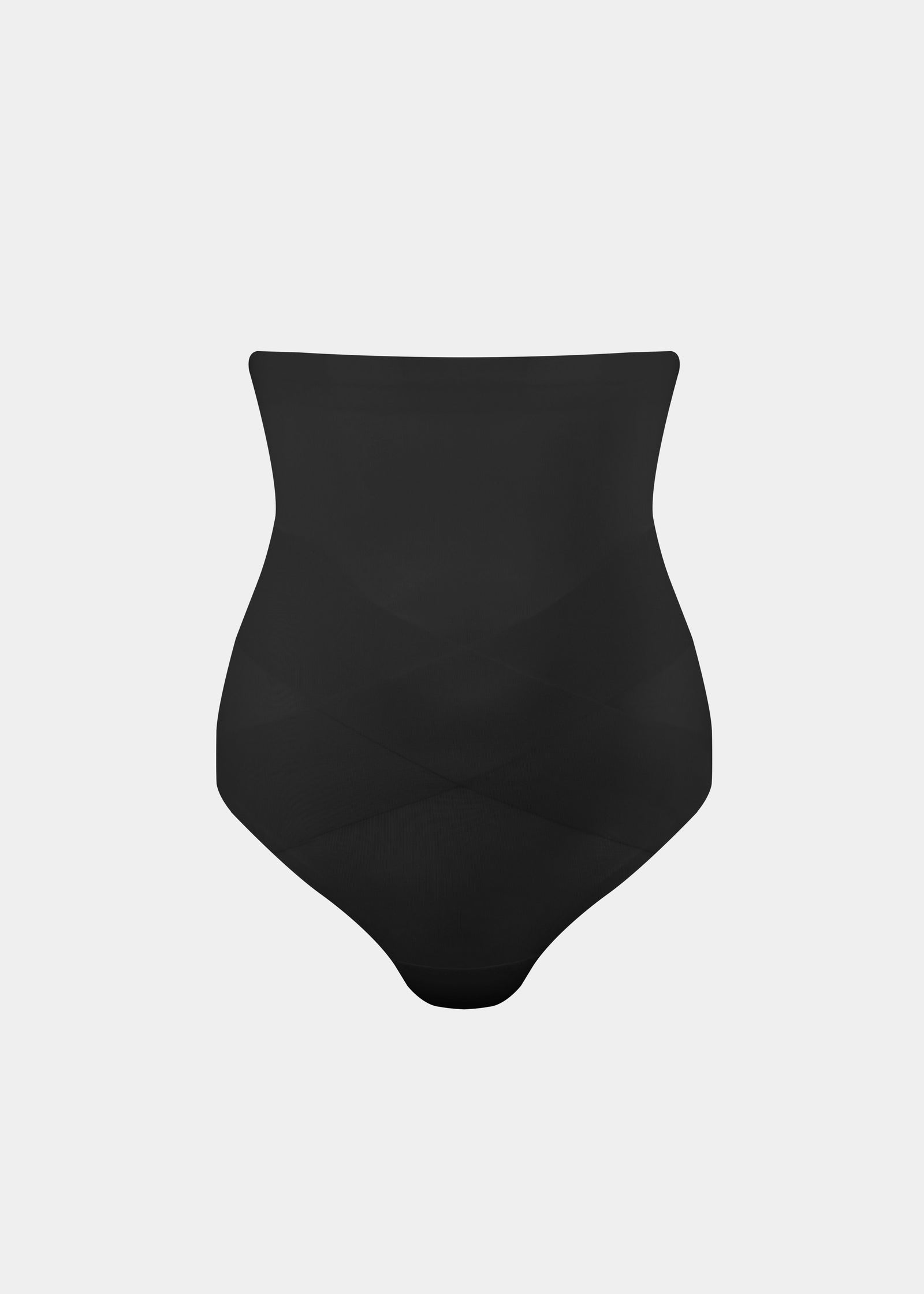 Black high-waisted thong on a light gray background
