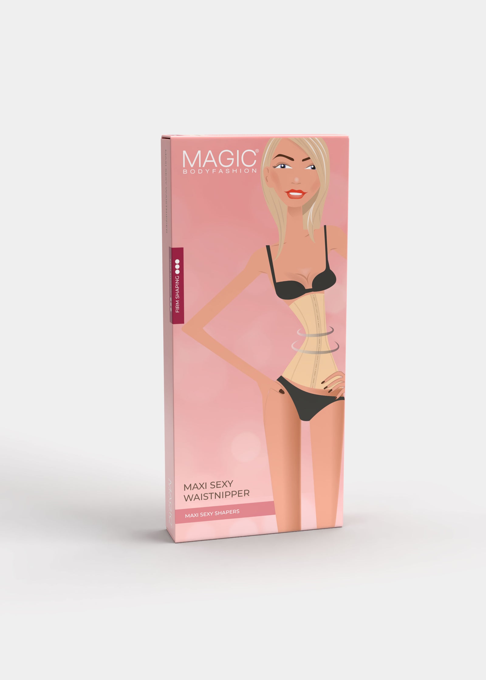 Still product image of Maxi Sexy Waistnipper shown in front packaging box. Rectangular box displaying high-waist shaping waist cincher, with product image, color indication, and branding visible on the front panel.