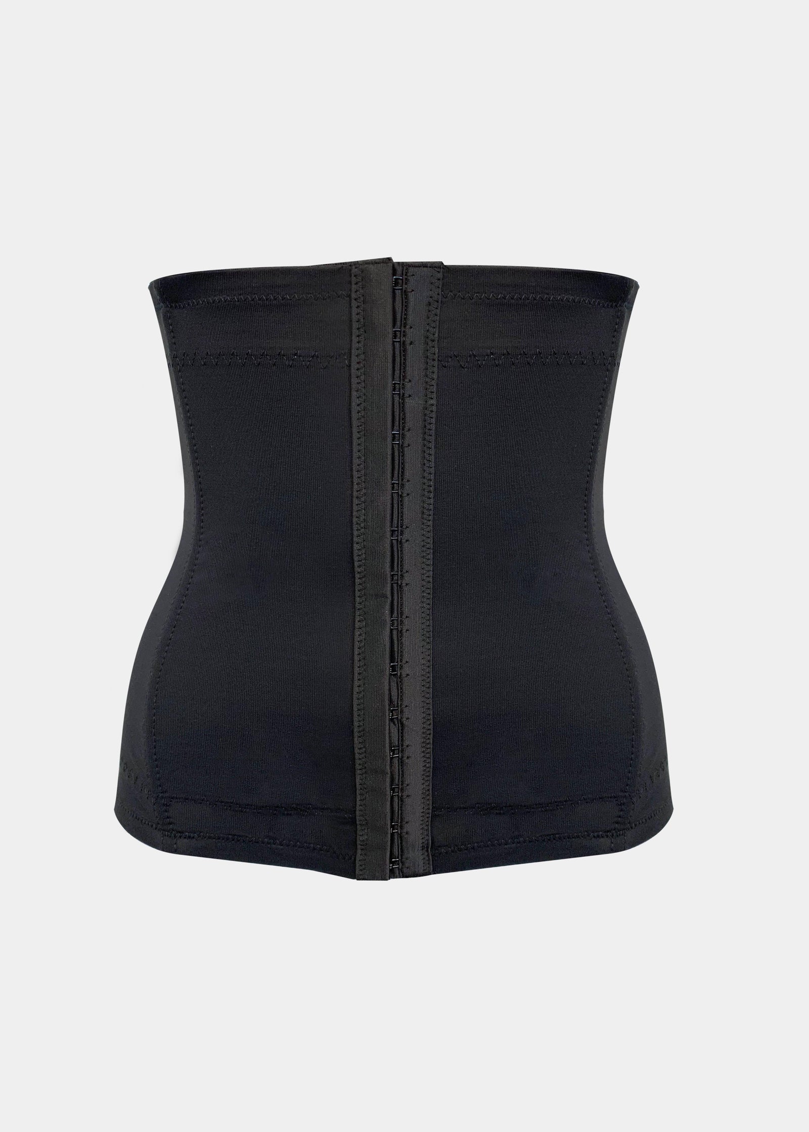 Still product image of Maxi Sexy Waistnipper in black, high-waist shaping waist cincher. Smooth strong fabric with power-net lining, built-in flexible bones for back support, and hook-and-eye front closure visible for adjustable firm control.