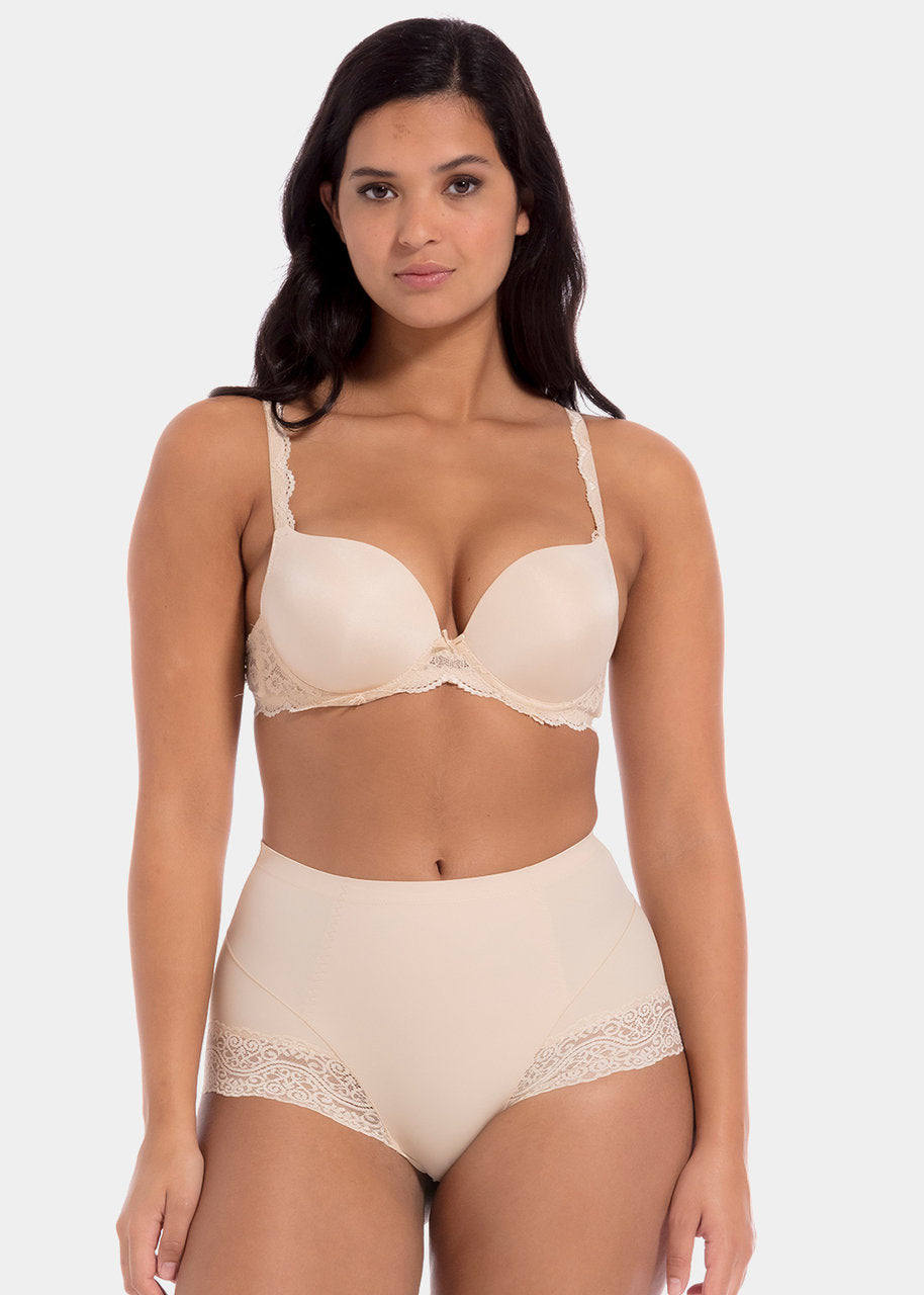 Latte mid-waist shaping brief worn by a model in a front-facing standing position, featuring firm lower tummy and back shaping with built-in powernet support, smooth strong breathable fabric, flat invisible lace, and cotton gusset lining.
