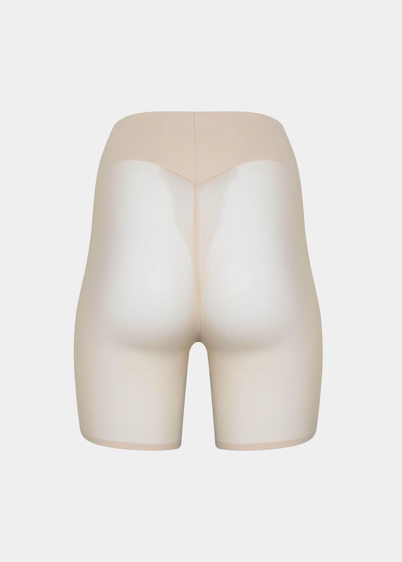 Still product image of Sheer & Sexy Shaping Short in latte shown from the back. Mid-waist shaping shorts with smooth fabric, sheer mesh panels, and special lift zone at the buttocks, featuring seamless edges for invisible wear.