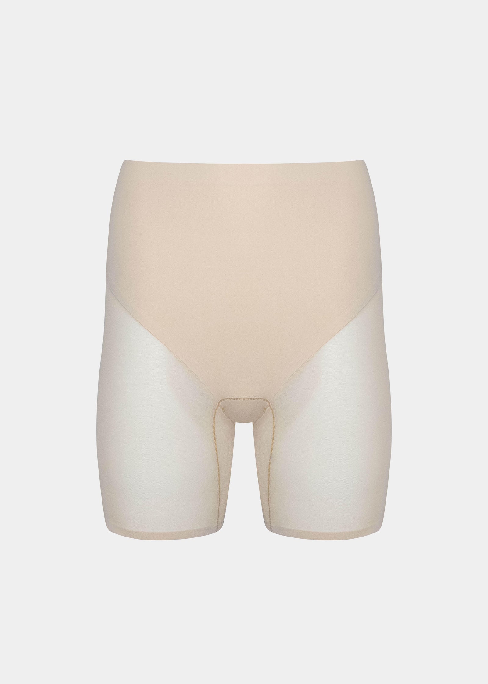 Still product image of Sheer & Sexy Shaping Short in latte, mid-waist shaping shorts. Smooth fabric with sheer mesh panels, medium shaping for tummy and lower back, and special lift zone at the buttocks, with seamless edges for invisible wear.