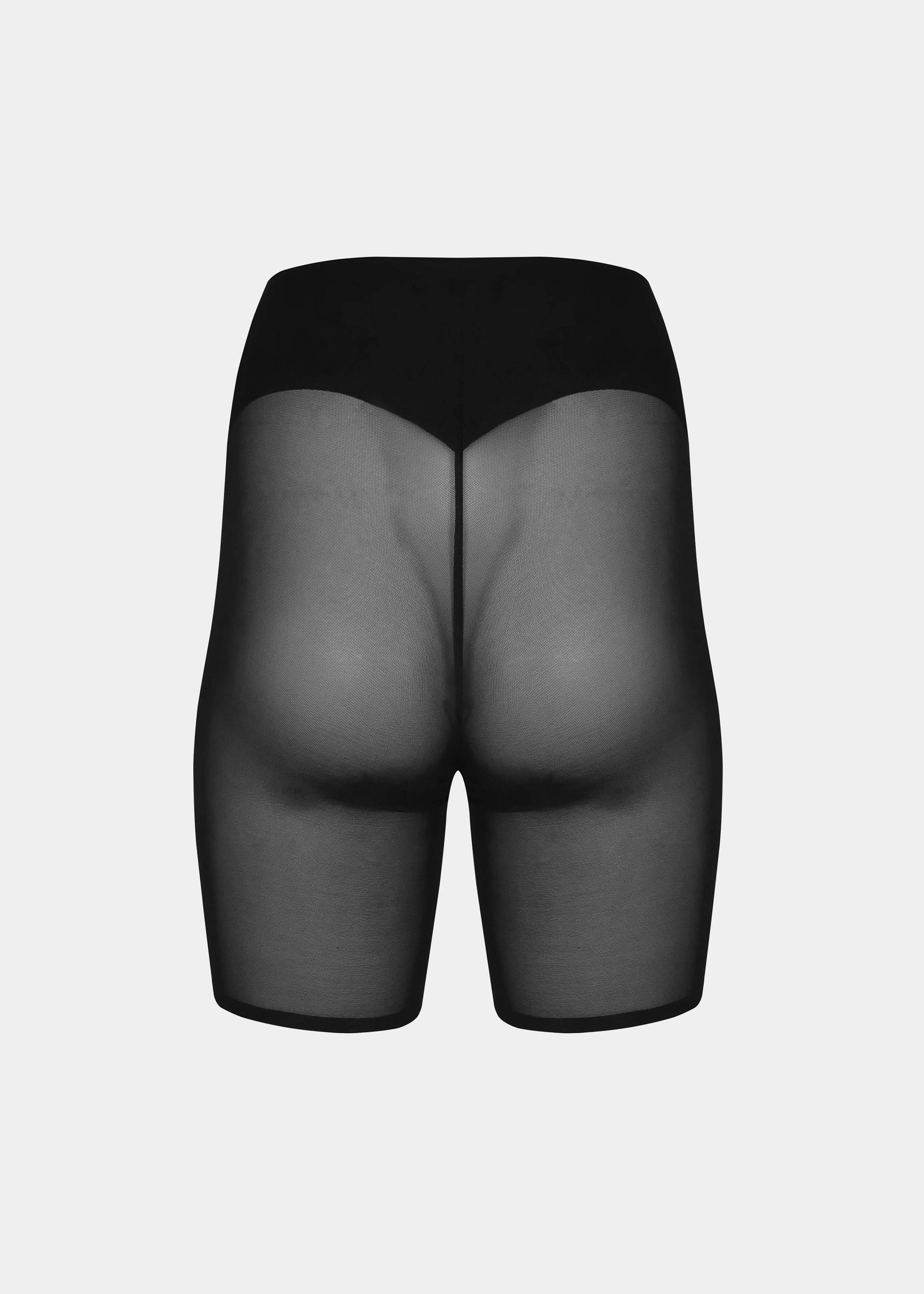 Still product image of Sheer & Sexy Shaping Short in black shown from the back. Mid-waist shaping shorts with smooth fabric, sheer mesh panels, and special lift zone at the buttocks, featuring seamless edges for invisible wear.