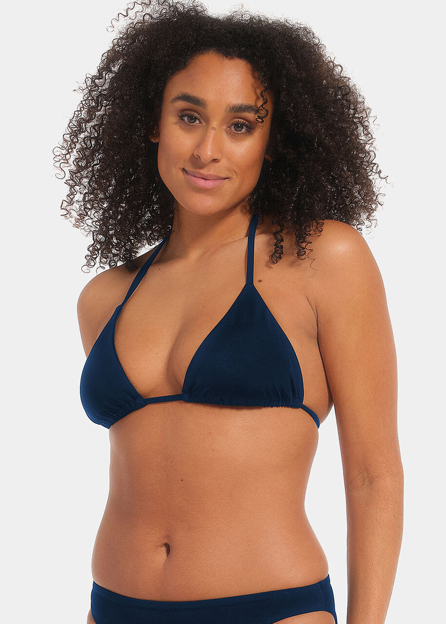 This image features a stylish and versatile triangle bikini top, presented in a classic black color. The top is designed with thin straps, providing a flattering fit and exposure.