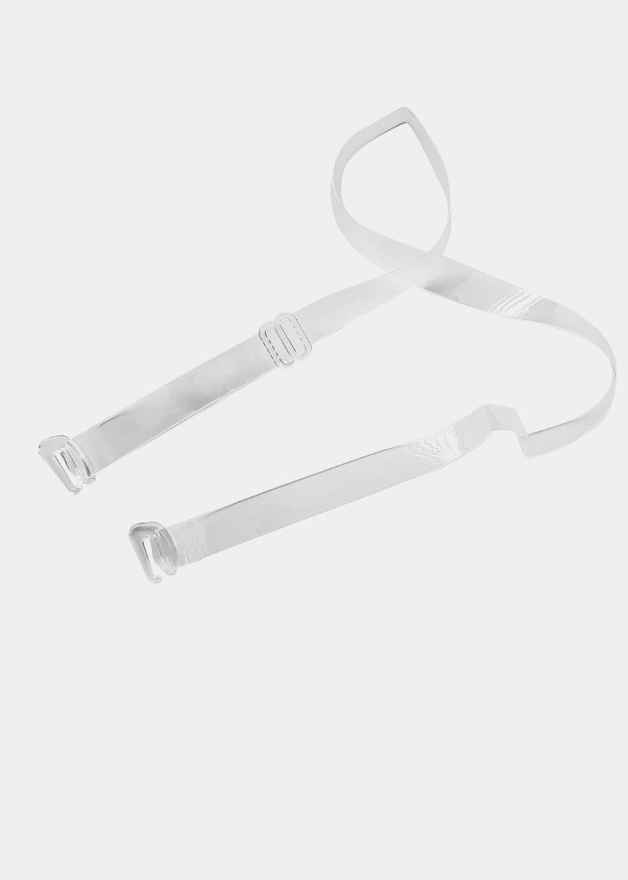 Product-only image of removable transparent silicone bra straps, featuring adjustable clear 15-millimeter-wide straps made from soft, durable silicone for a seamless and discreet look under clothing.