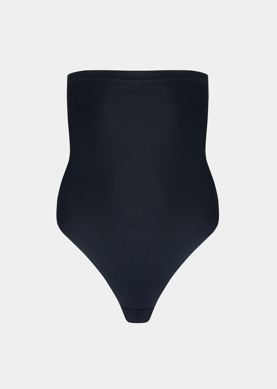 Still product image of Maxi Sexy Hi-Thong in black, high-waist shaping thong. Smooth powerful fabric providing firm control for tummy, waist, and back, with seamless edges and silicone-trimmed waistband visible.