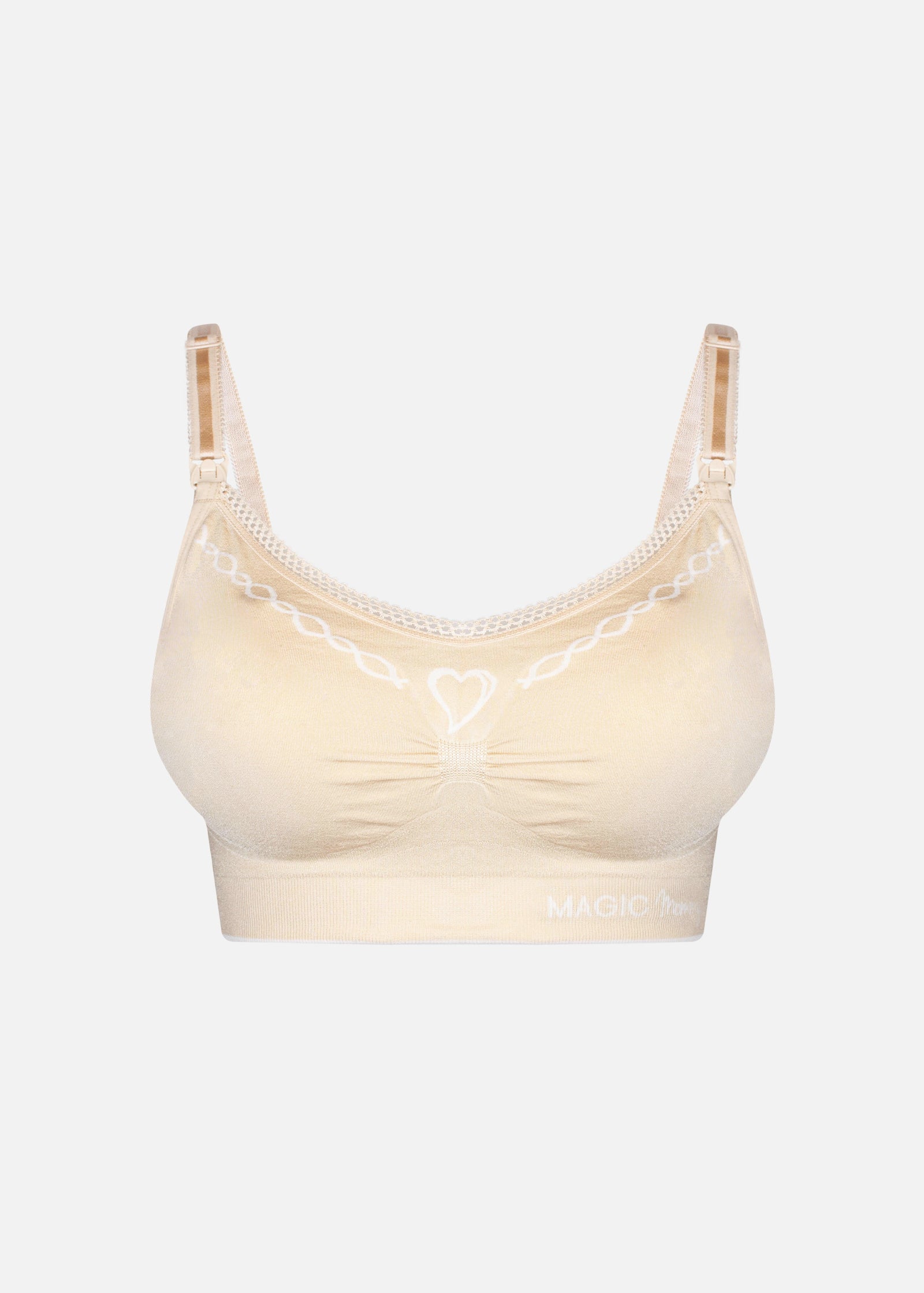 Still product image of Fancy Mama Nursing Bra in latte and white, seamless wire-free nursing bras. Clip-down cups, adjustable straps, and decorative print with lace trim along cup edges visible.
