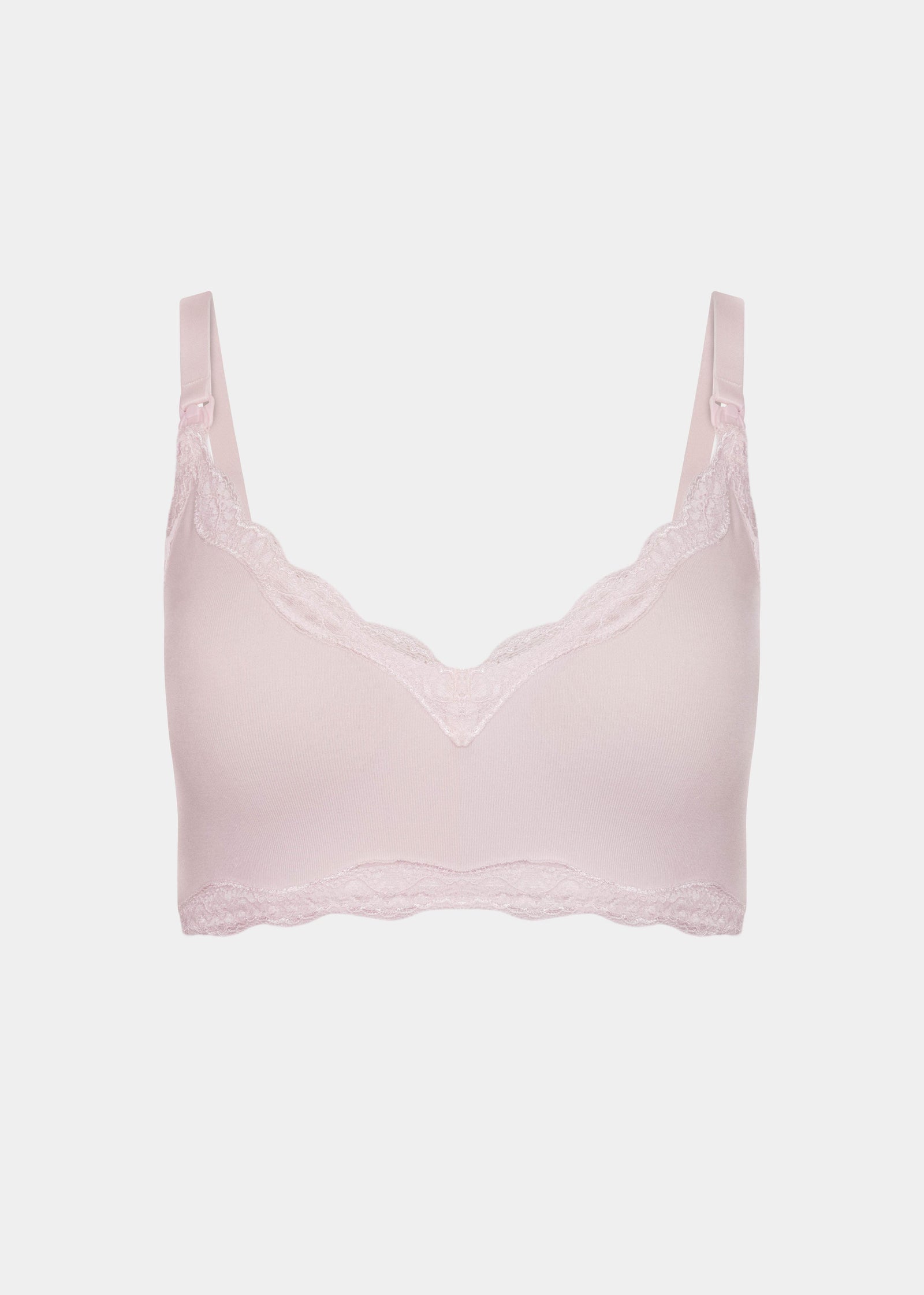 Still product image of Mama Lace Bralette in rose, seamless wire-free nursing bra. Stretch fabric cups with removable pads, clip-down nursing cups, adjustable straps, and lace trim along the cup edges visible.