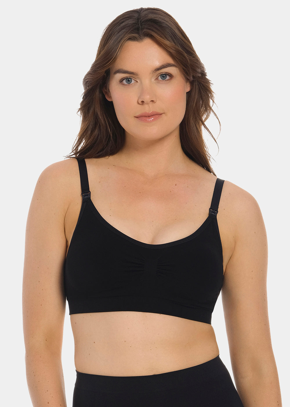 Front view of a model wearing Mama Comfort Nursing Bra in black, seamless wire-free nursing bra. Clip-down cups, adjustable straps, and smooth stretchable fabric visible, designed for nursing access and support.