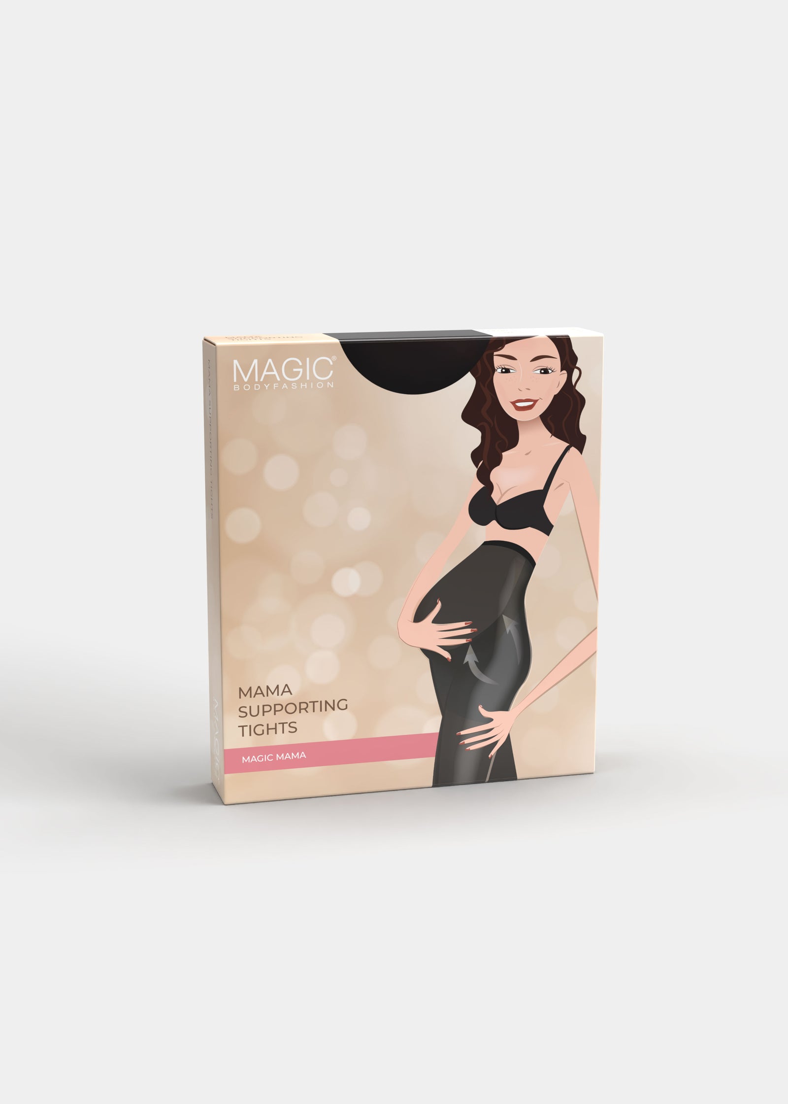Still product image of Mama Supporting Tights in black shown in front packaging box. Rectangular box displaying 80 denier maternity tights with over-the-bump design, product image, and branding on the front panel.