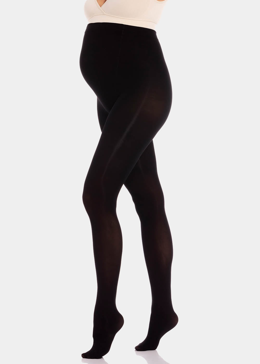 Front view close-up of a model wearing Mama Supporting Tights in black, 80 denier maternity tights. Seamless opaque fabric covering legs and over-the-bump area, showing stretchable material and smooth finish.