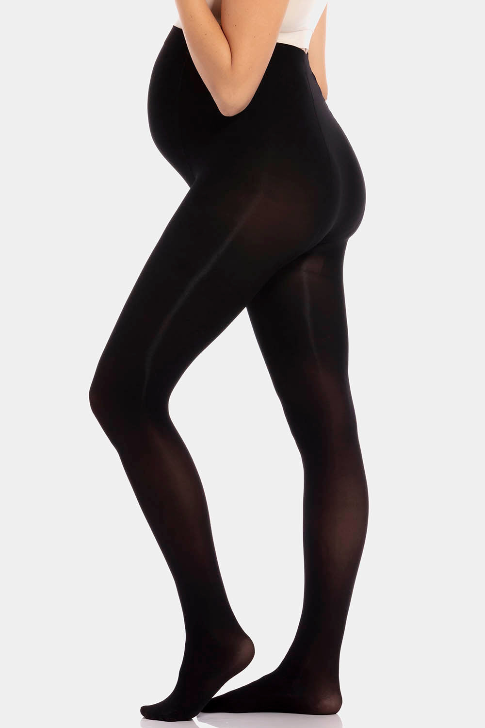 Back view cropped image of a model wearing Mama Supporting Tights in black, 80 denier maternity tights. Seamless opaque fabric covering lower back, hips, and upper legs, showing smooth stretchable material and invisible finish.