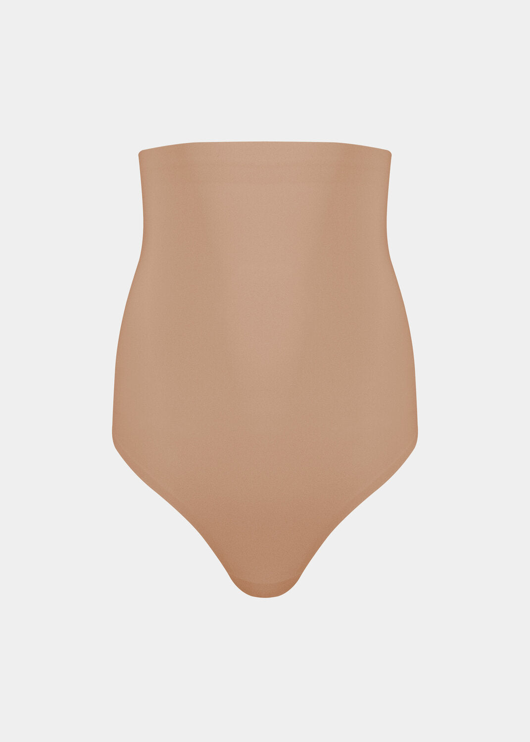 Still product image of Maxi Sexy Hi-Thong in mocha, high-waist shaping thong. Smooth powerful fabric providing firm control for tummy, waist, and back, with seamless edges and silicone-trimmed waistband visible.