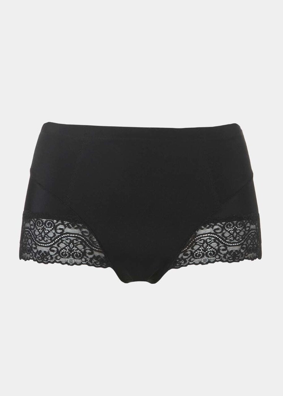 Black mid-waist shaping brief shown in a front-facing flat position, featuring firm lower tummy and back shaping with built-in powernet, smooth strong breathable fabric, flat invisible lace, and cotton gusset lining.