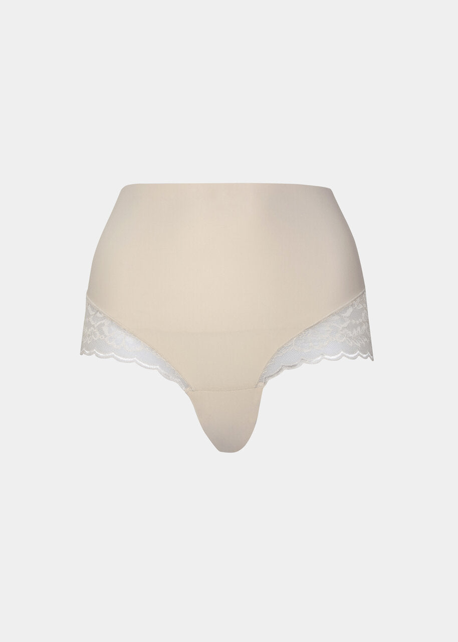 Still product image of Tummy Shaper Lace in latte, mid-waist shaping brief with lace detailing. Double-layer waistband, smooth fabric front, and lace edges designed for shaping and invisible wear under clothing.