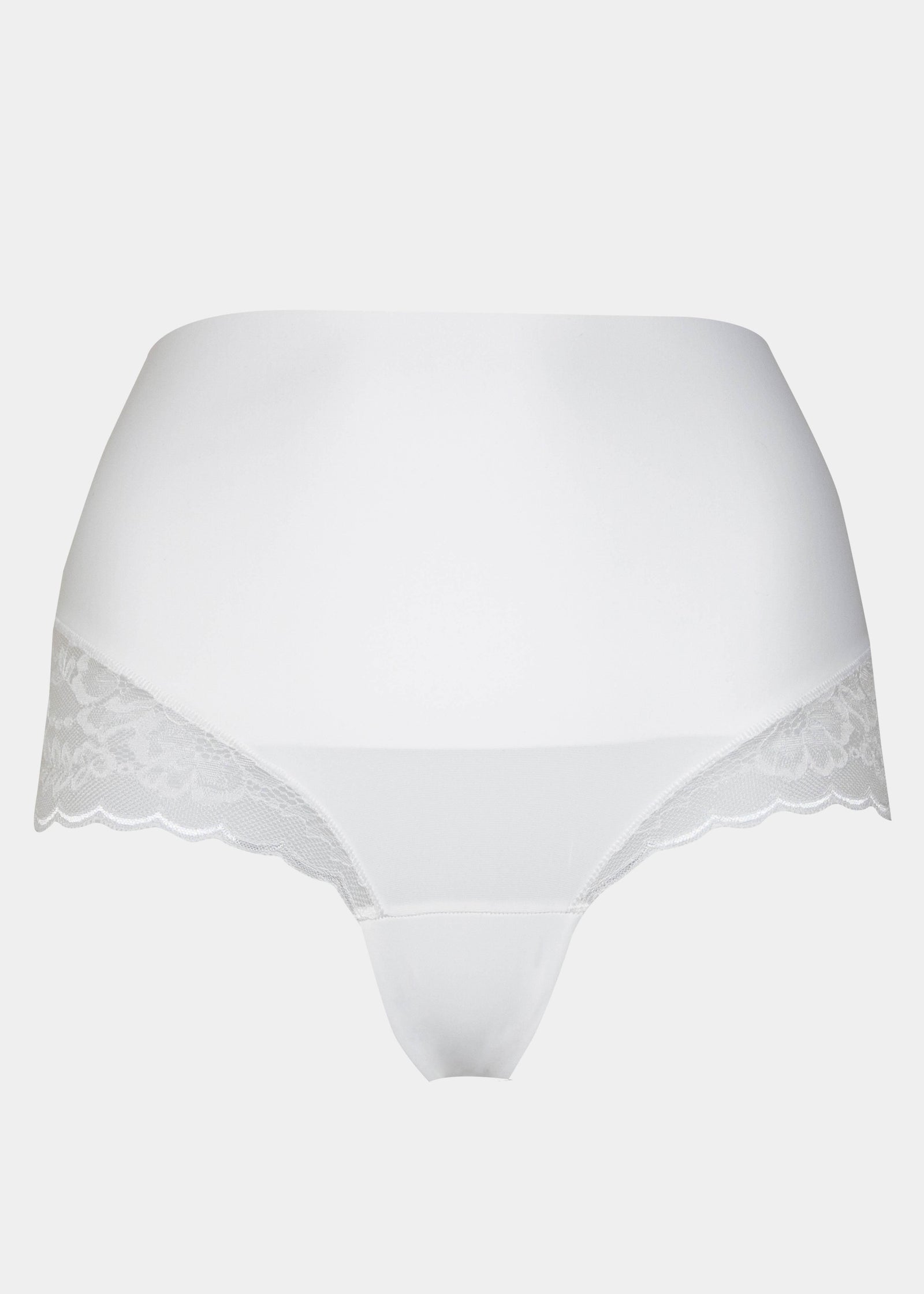 Still product image of Tummy Shaper Lace in snow white, mid-waist shaping brief with lace detailing. Double-layer waistband, smooth fabric front, and lace edges designed for shaping and invisible wear under clothing.