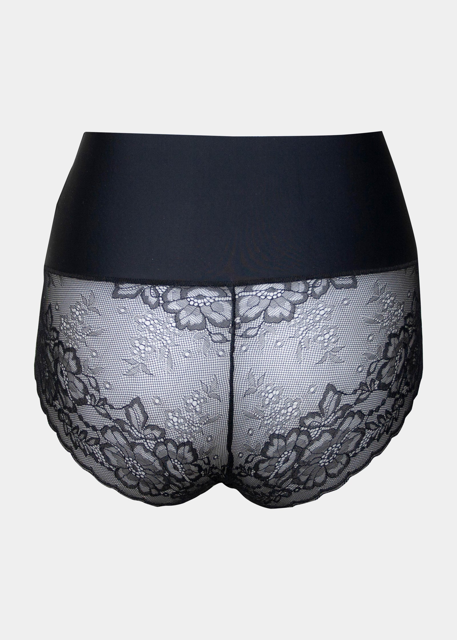 Still product image of Tummy Shaper Lace in black shown from the back. Mid-waist shaping brief with smooth fabric, lace detailing at the back, and seamless edges for invisible wear under clothing.