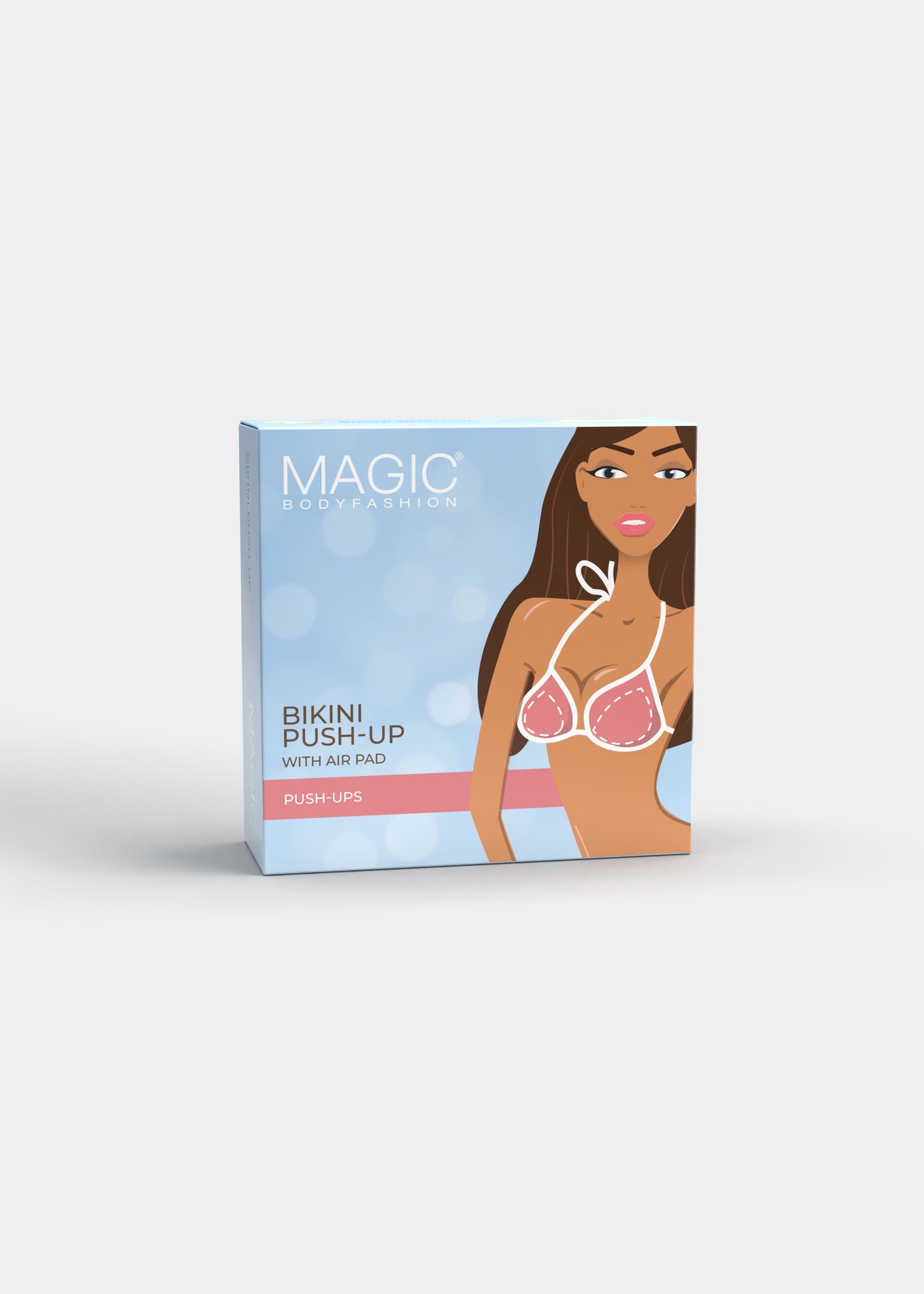 Still product image of Bikini Push-Up in latte shown in front packaging box. Rectangular box displaying triangle-shaped push-up pads, with product image and branding visible on the front panel.