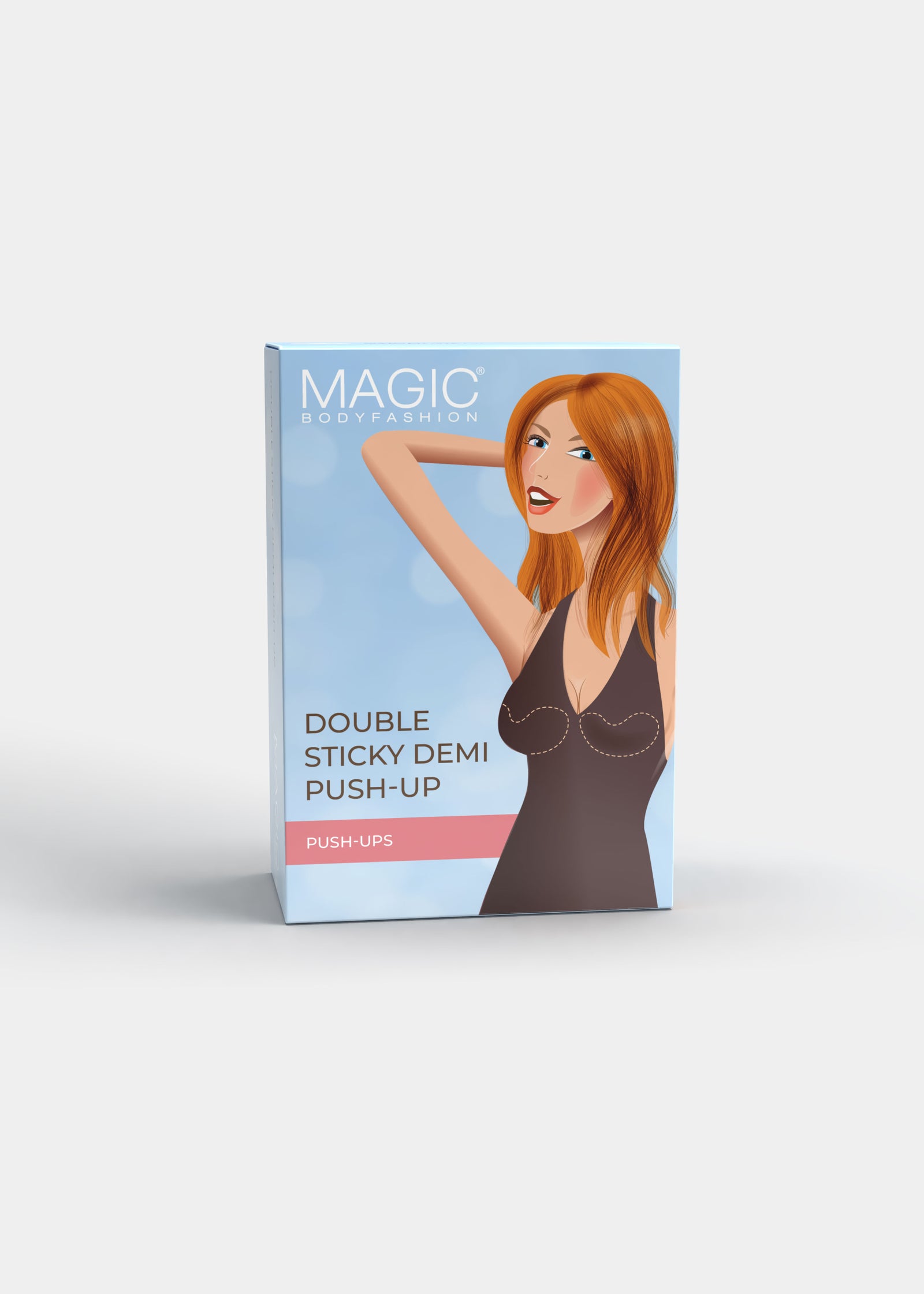 A box of Magic brand Double Sticky Demi Push-Up breast enhancing inserts, with an image of a woman holding one of the push-up pads.