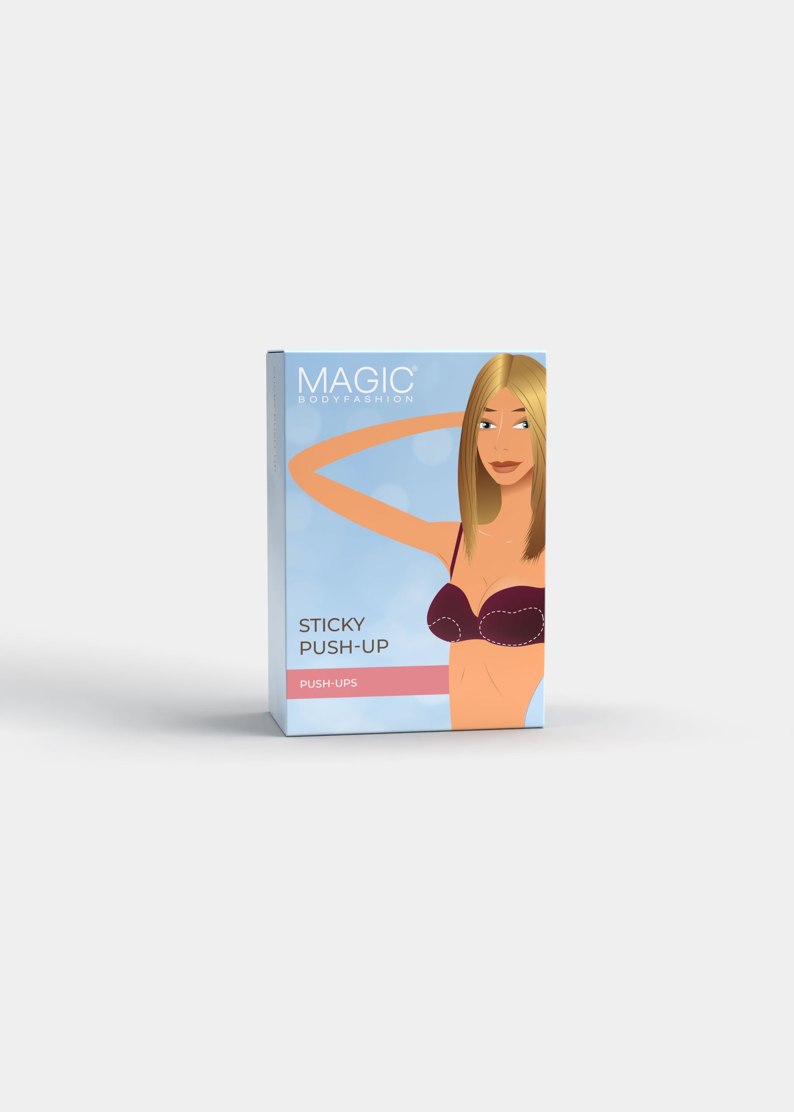 Still product image of Sticky Push-Up Pads in latte shown in front packaging box. Rectangular box displaying adhesive bra inserts, with product image and branding visible on the front panel.