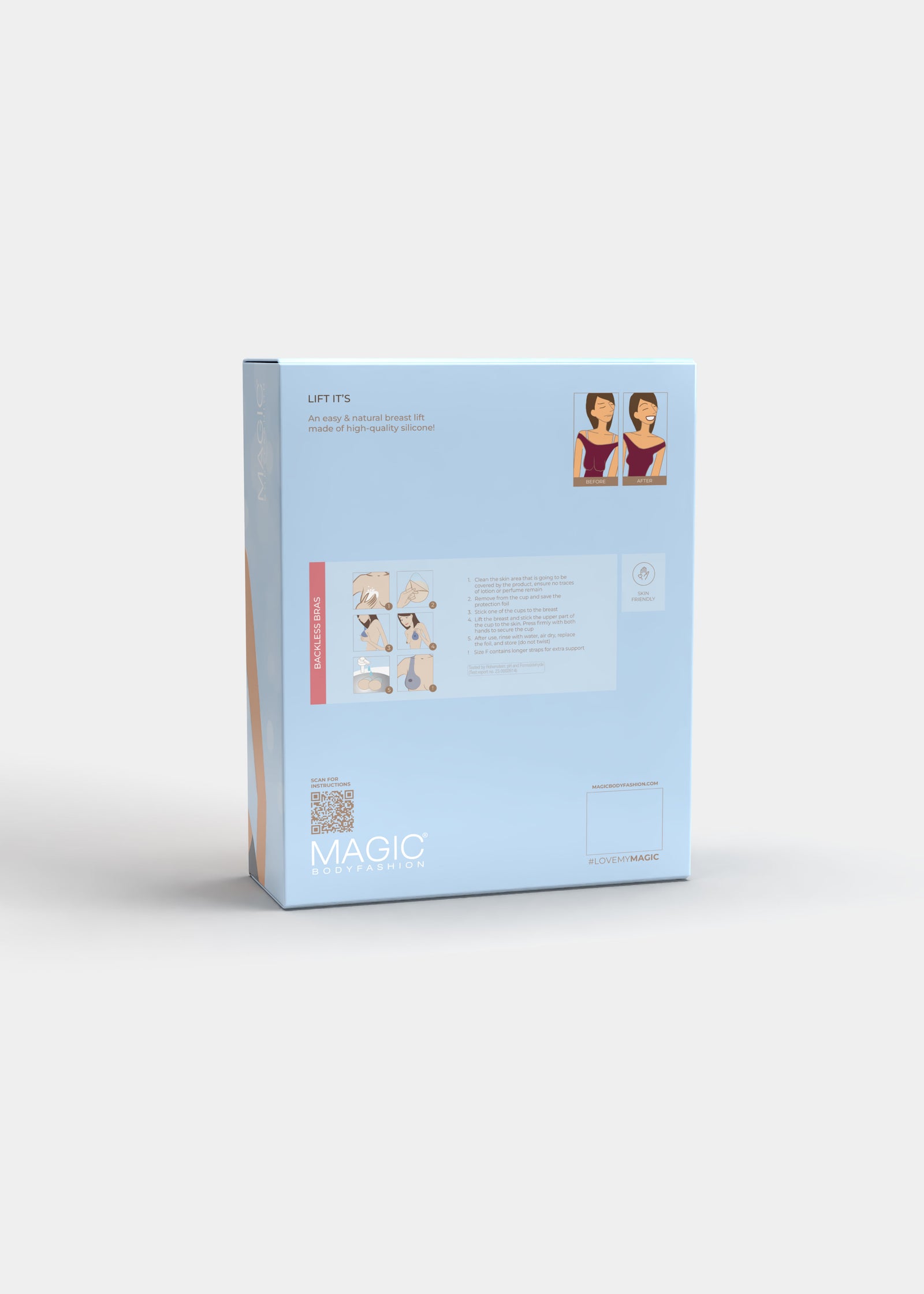 Still product image of MAGIC Lift-it’s shown from the back of the packaging box. Rectangular box displaying product information, application illustrations, and usage instructions for the adhesive silicone lifting cups.
