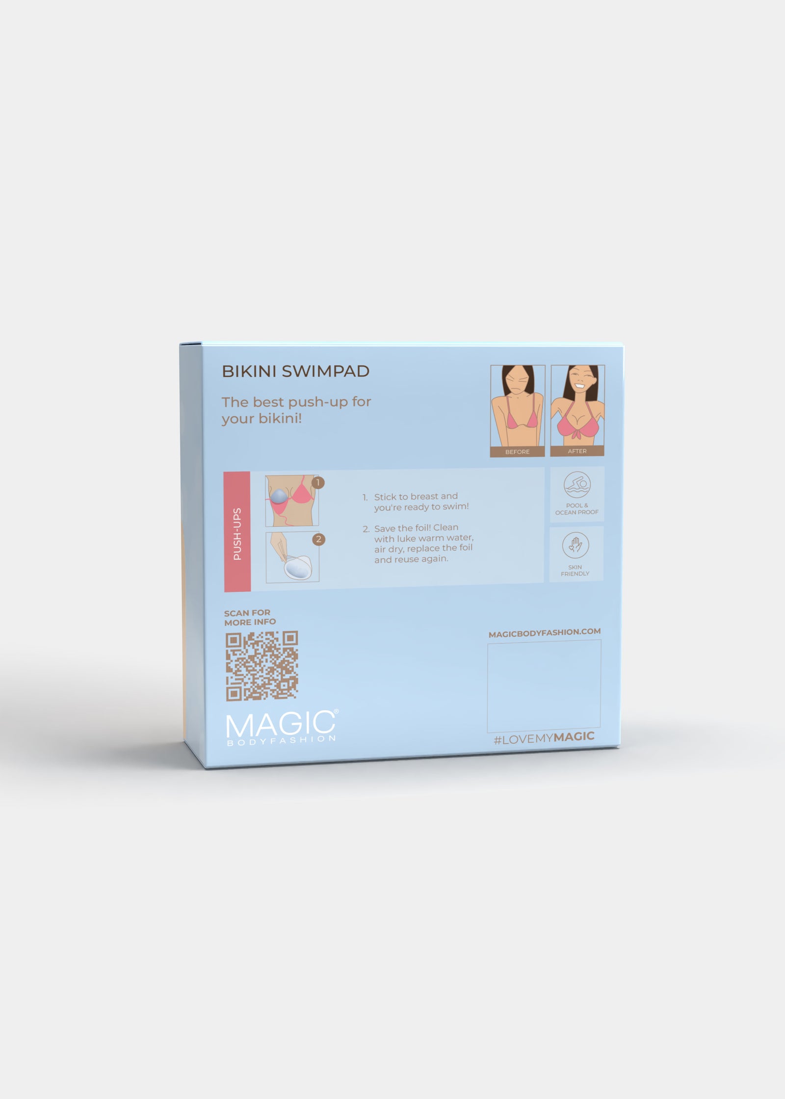 Still product image of Bikini Swim Pad in clear shown from the back of the packaging box. Rectangular box displaying product information, adhesive pad illustrations, and usage instructions on the back panel.