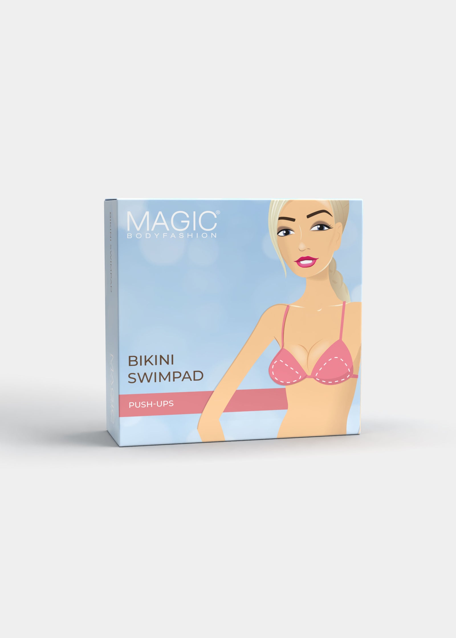 Still product image of Bikini Swim Pad in clear shown in front packaging box. Rectangular box displaying transparent silicone adhesive push-up pads, with product image and branding visible on the front panel.