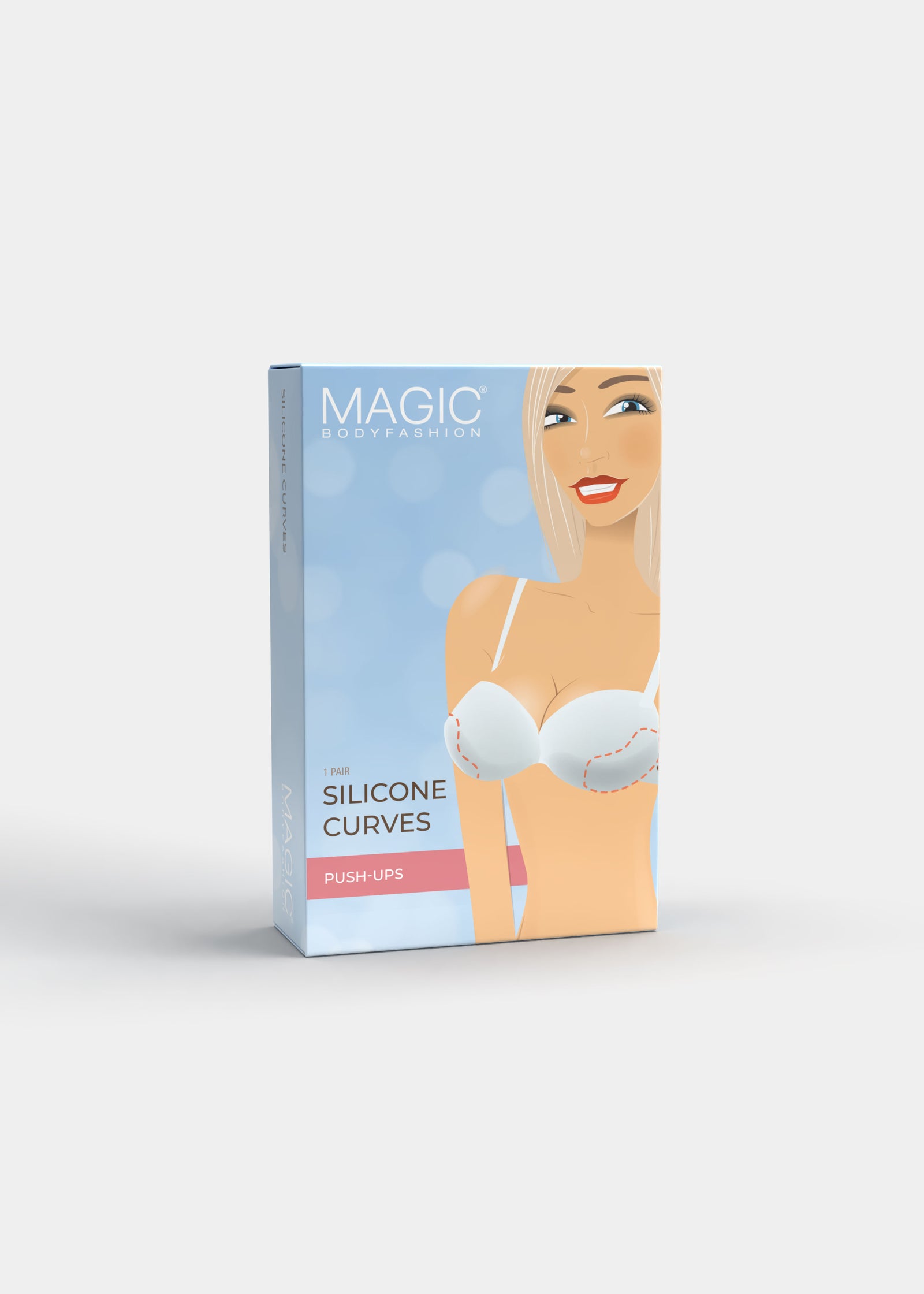 Still product image of Silicone Curves in clear shown in front packaging box. Rectangular box displaying transparent silicone push-up pads, with product image and branding visible on the front panel.