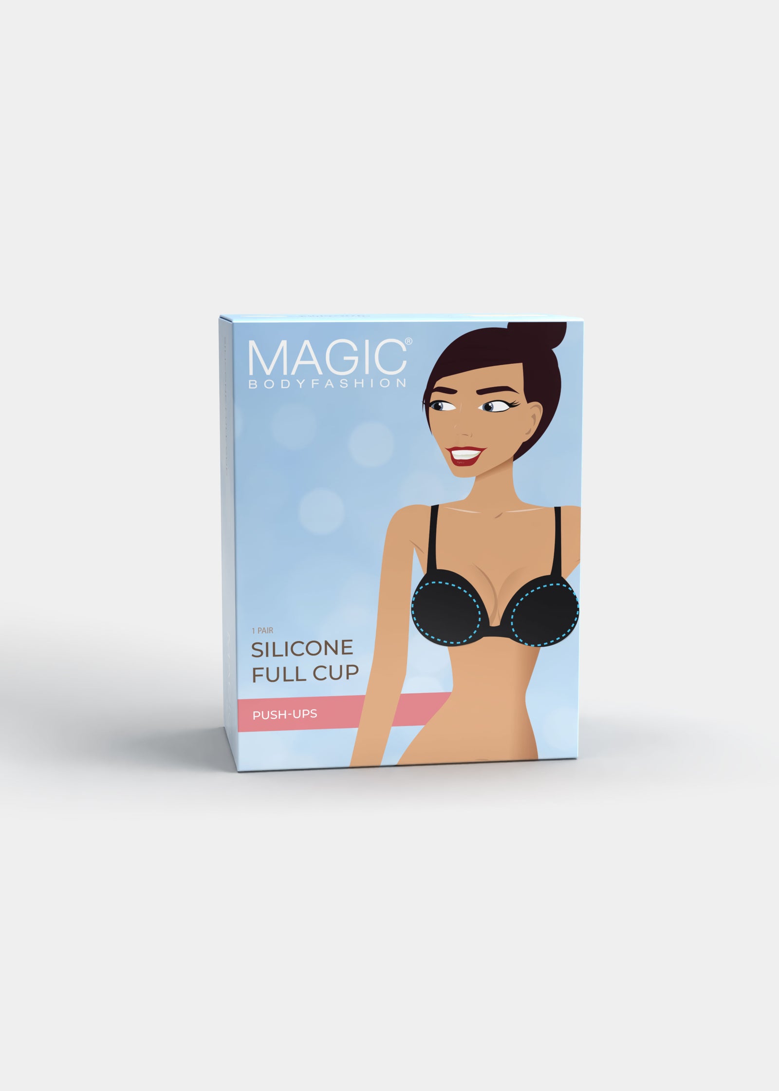 Still product image of Silicone Full Cup in latte shown in front packaging box. Rectangular box displaying nude silicone full cup inserts, with product image and branding visible on the front.