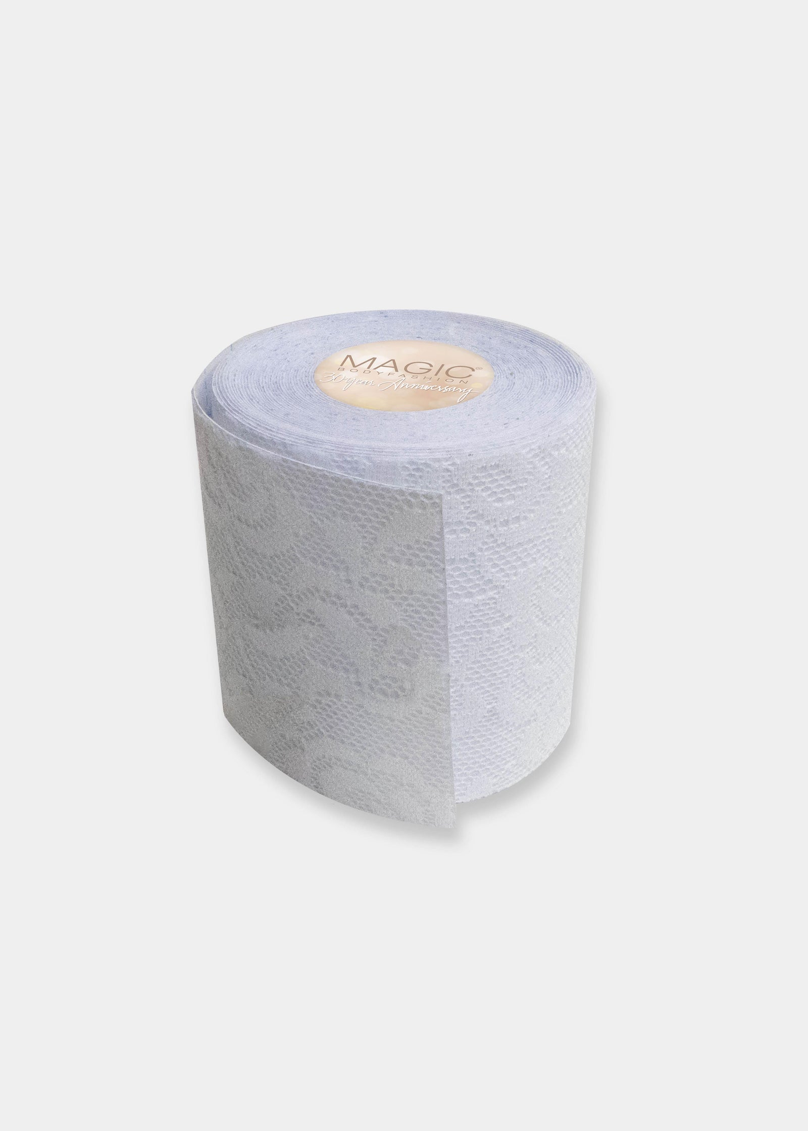 Still product image of the white Luxury Lace Boob Tape rolled up, showcasing the lace-textured adhesive tape on a roll designed to lift and shape the bust.