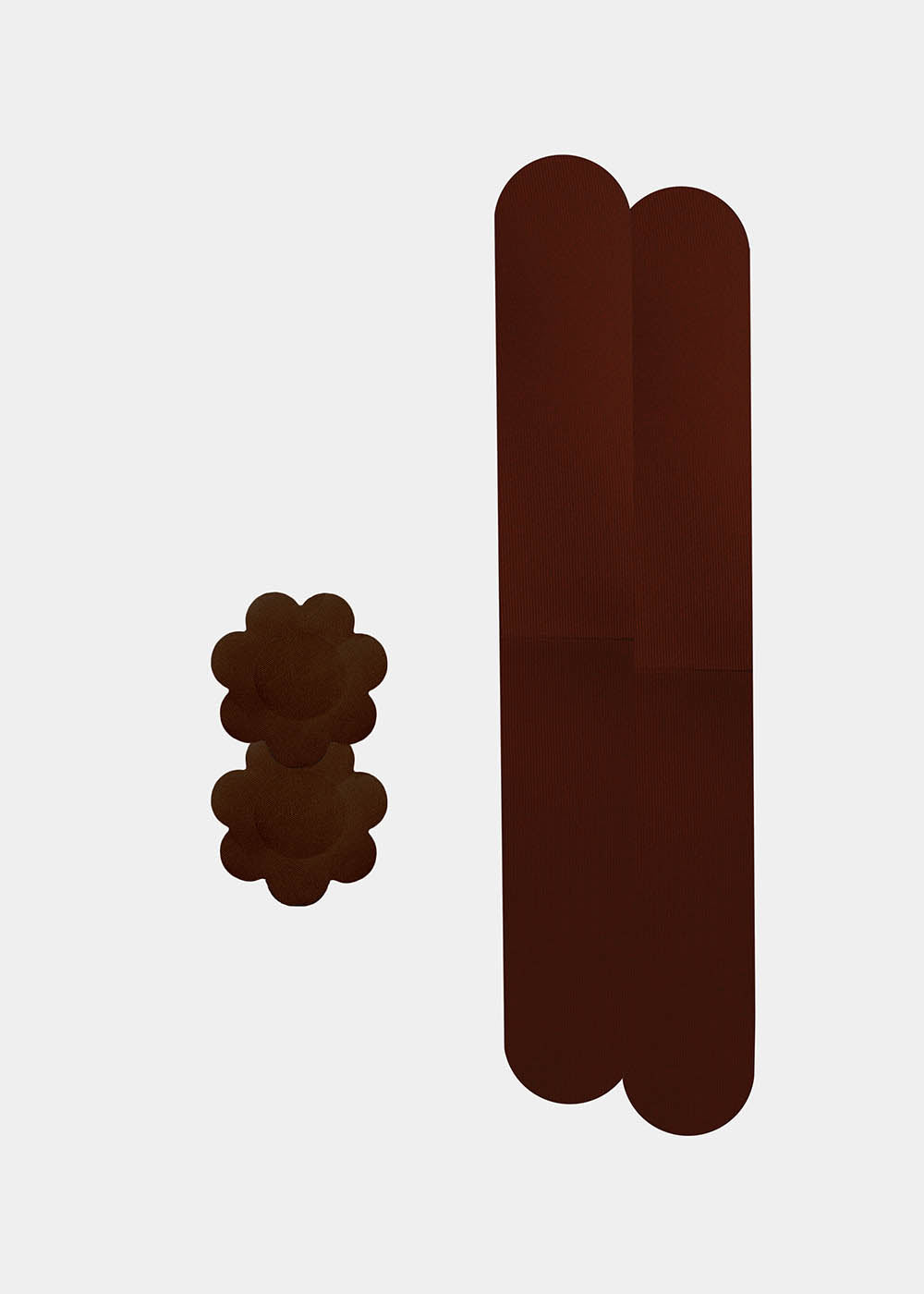 Still product image of the chocolate-colored Celebrities Breast Tape, showcasing the adhesive breast tape pieces designed to lift and support the bust for a smooth, invisible finish under clothing.