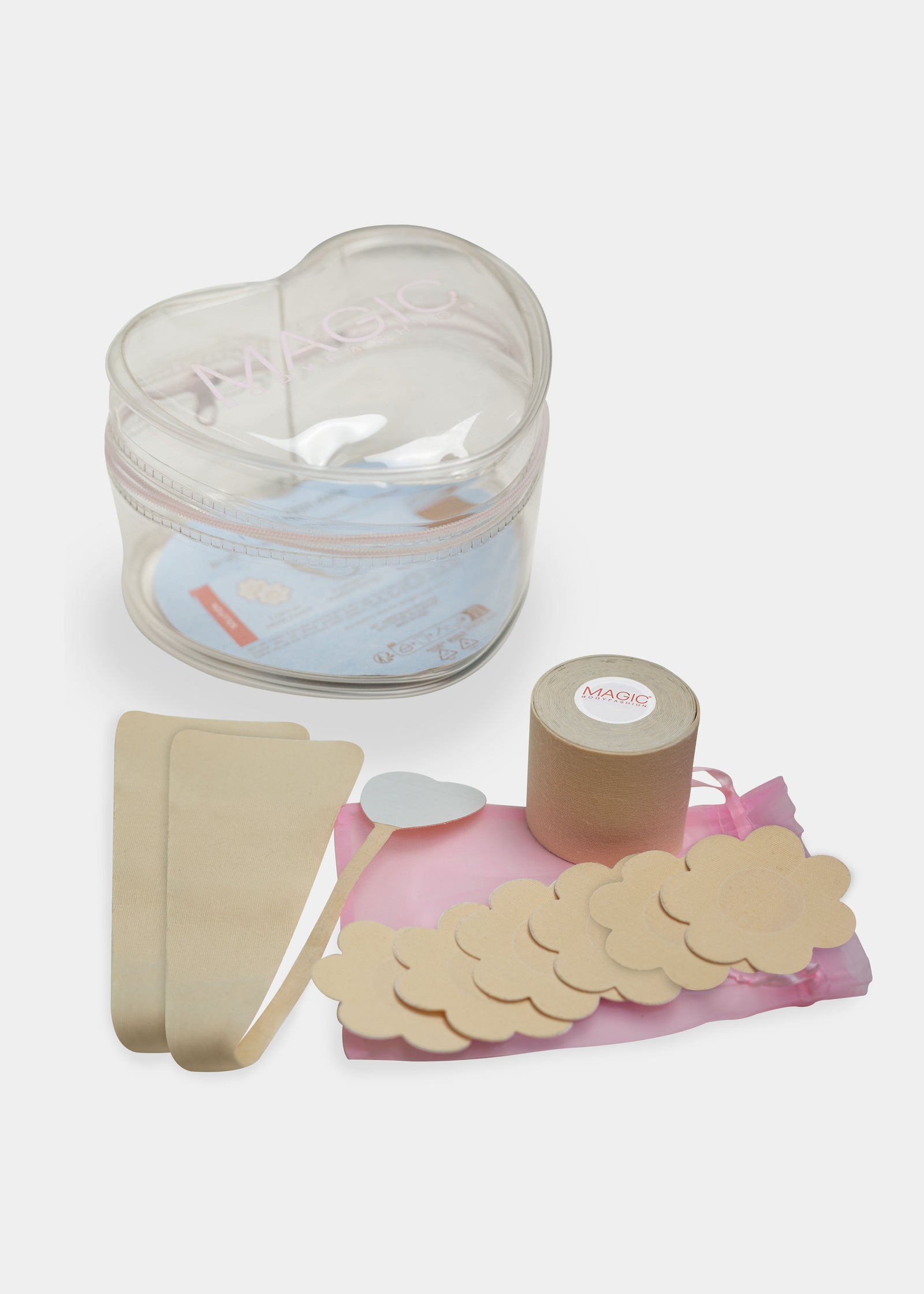 Heart-shaped container with all types of tapes such as string tape, boobtape.