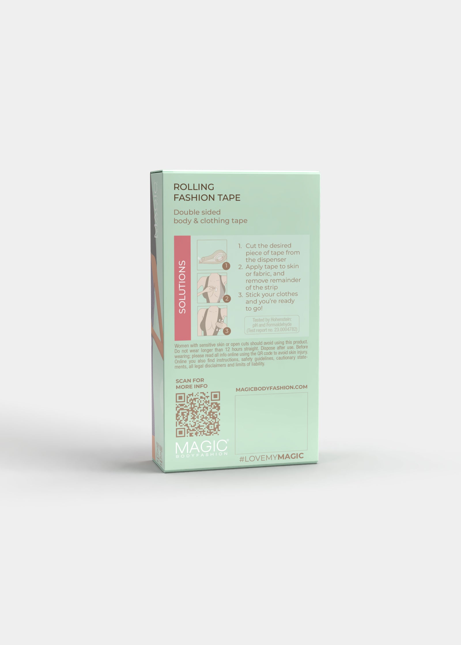 Back view of the Rolling Fashion Tape packaging box, displaying product information, usage instructions, and details about the transparent double-sided tape dispenser.