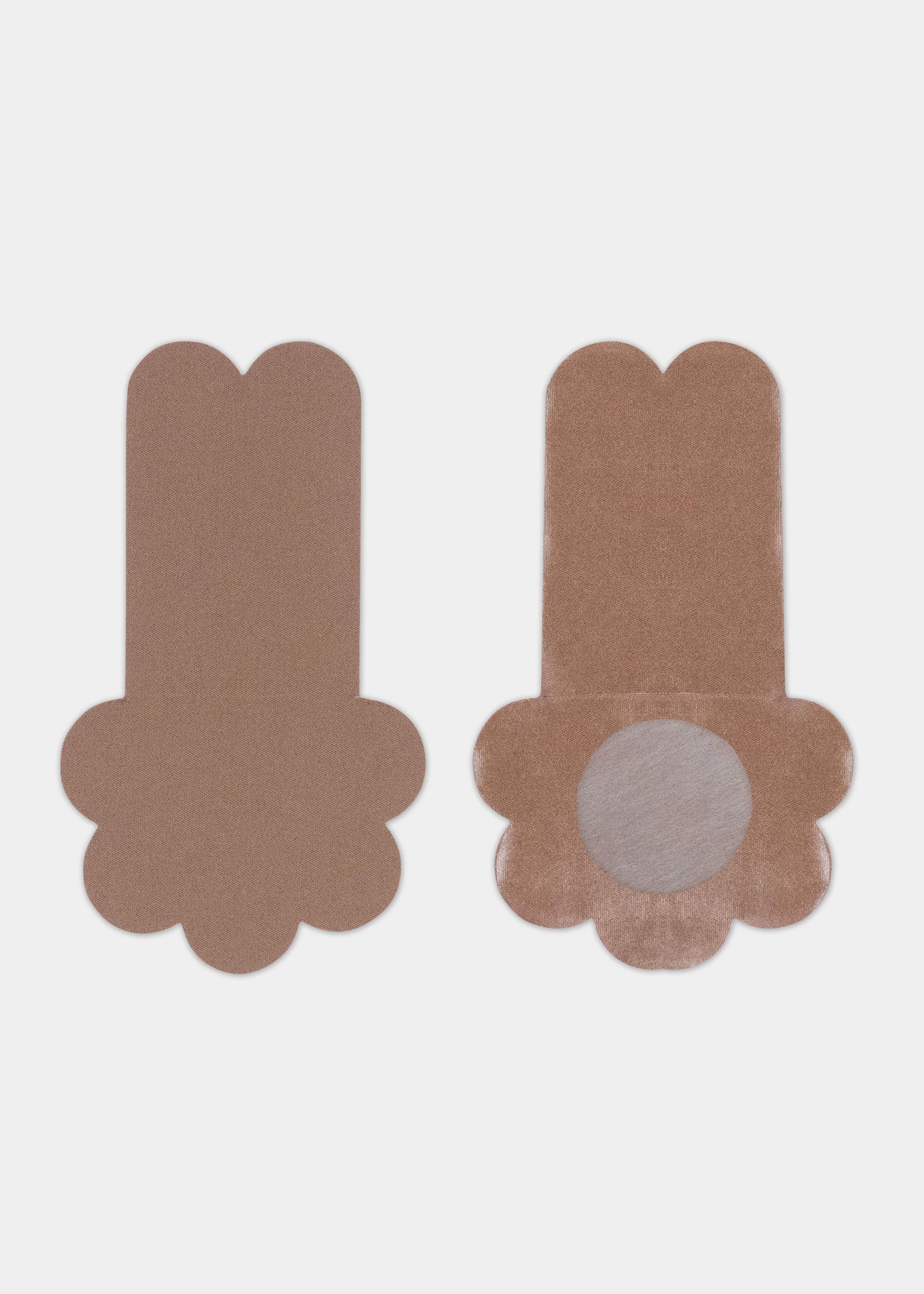 Still product image of the mocha-colored Secret Lift Covers, displayed to show both the front and back, highlighting the smooth outer surface and the inner adhesive design with an adhesive-free center for added comfort and lift.