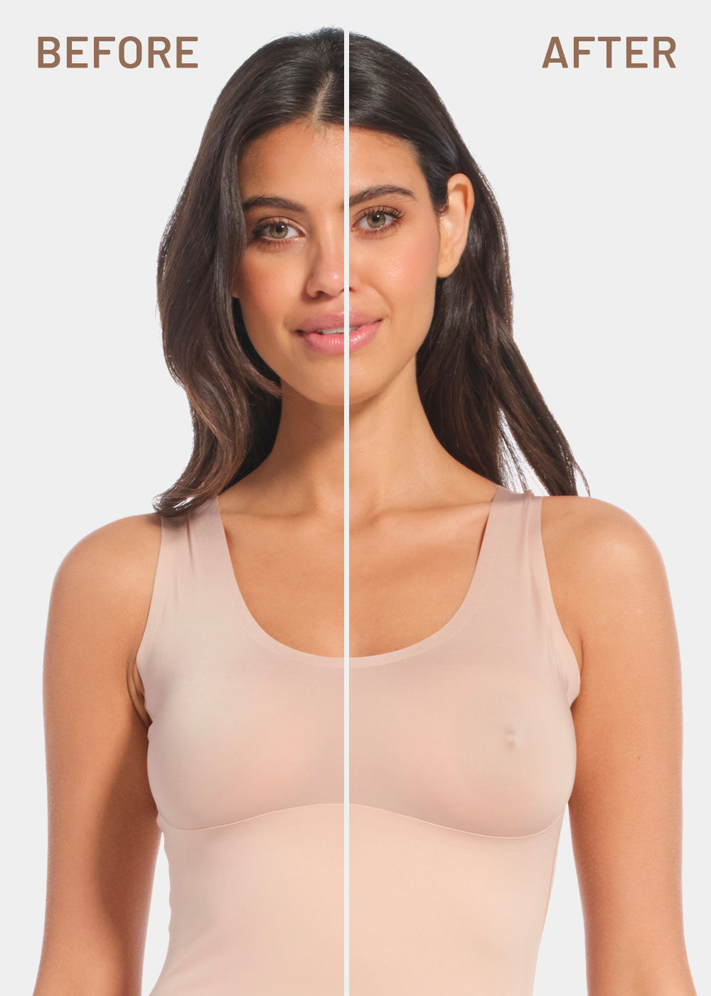 Front view of a model showing a before and after comparison of the Show Your Nipples silicone nipple covers, demonstrating how the soft adhesive covers create a braless look with a natural raised nipple effect while remaining invisible under clothing.