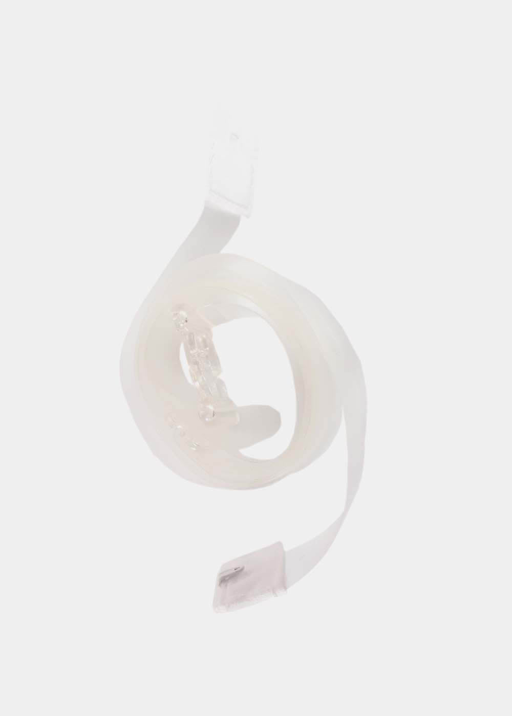 Still product image of the white Low Back Strap, featuring a soft, durable silicone strap with hook-and-eye ends designed to create a low-back effect with any bra that has a back closure.