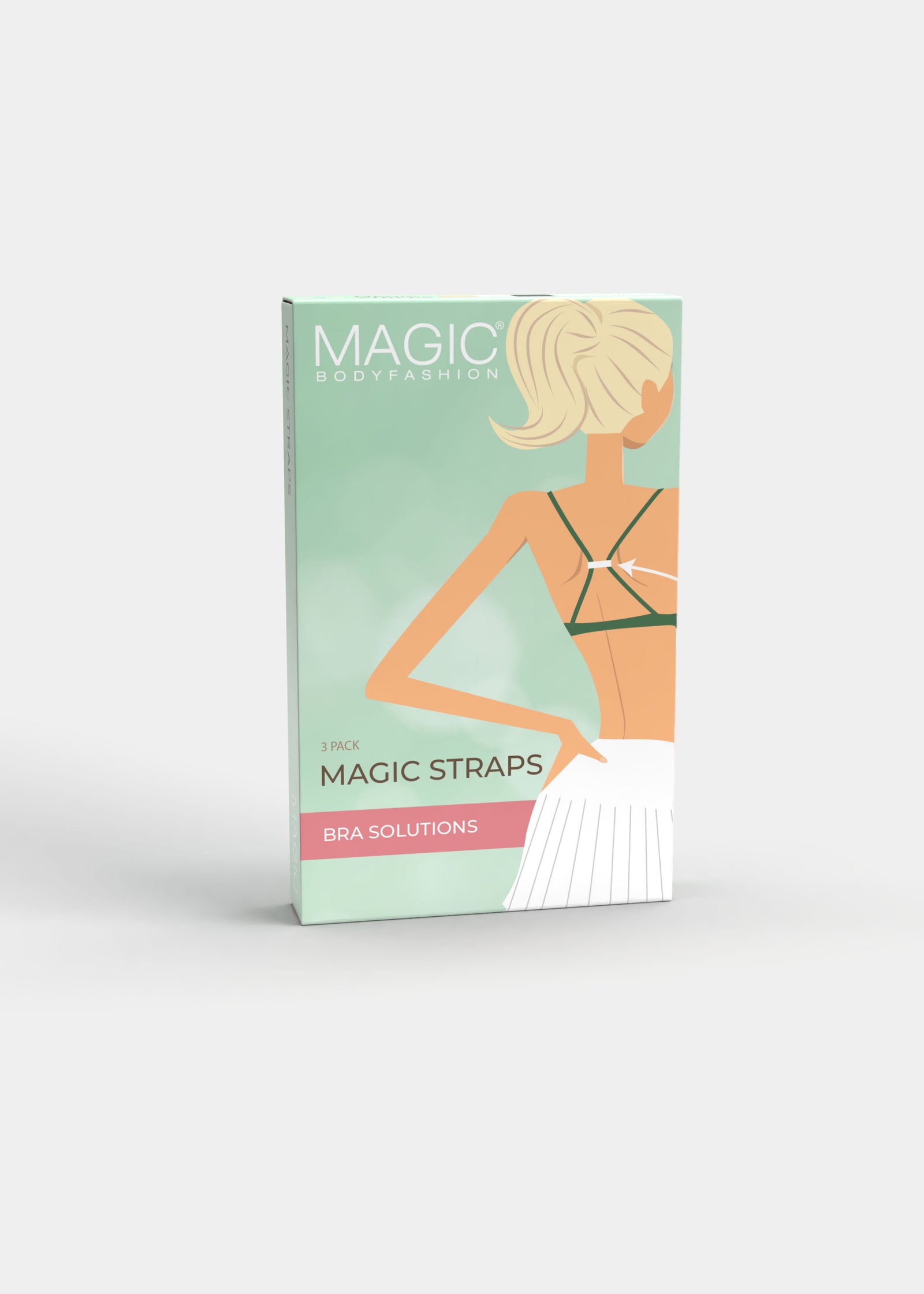 Product packaging box of the Magic Straps, displaying the set of three soft fabric strap clips in black, white, and skin tones, with branded design and product information on the front.